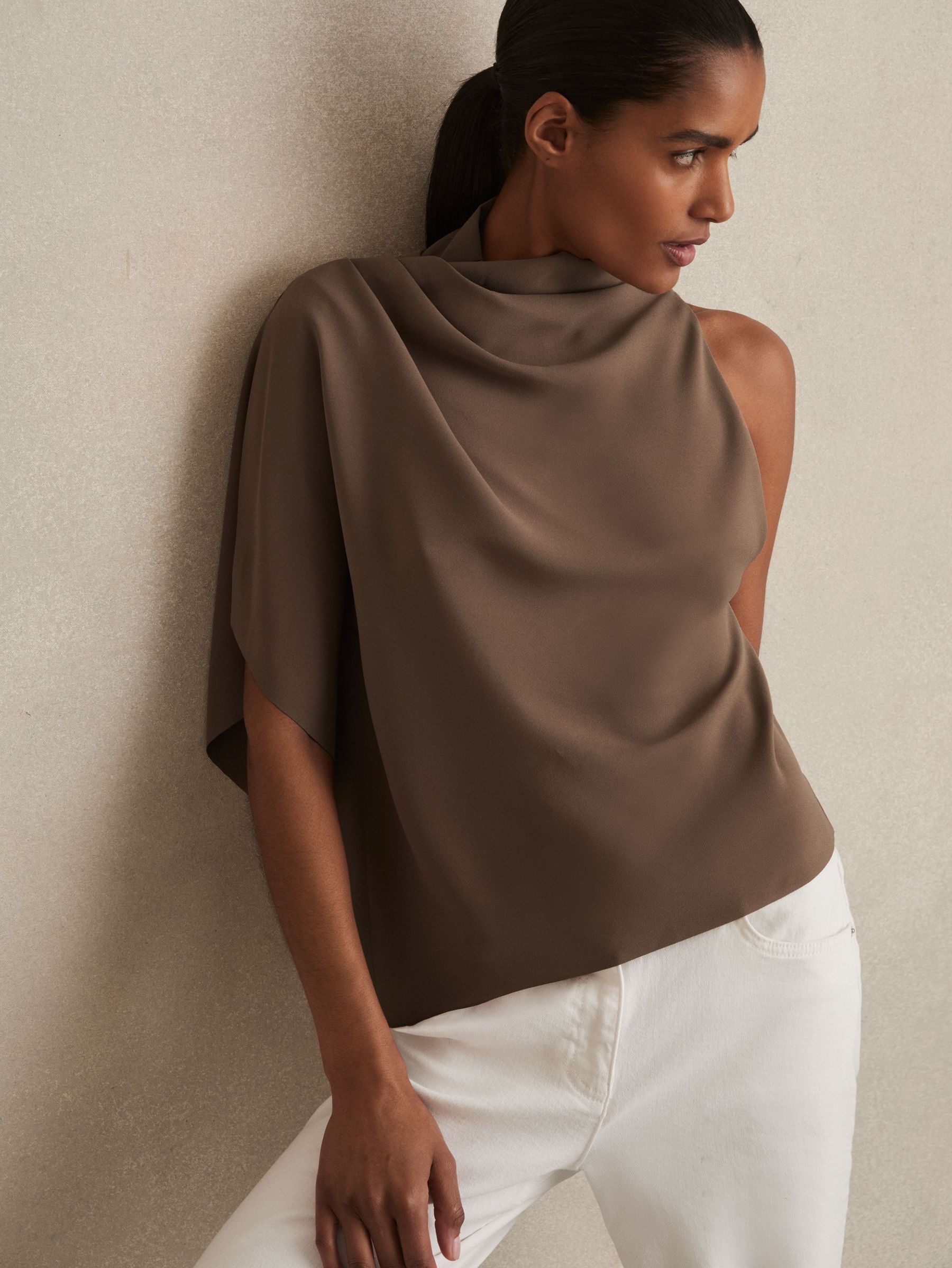 One-Shoulder Draped Top in Mink (F72416) | AED550