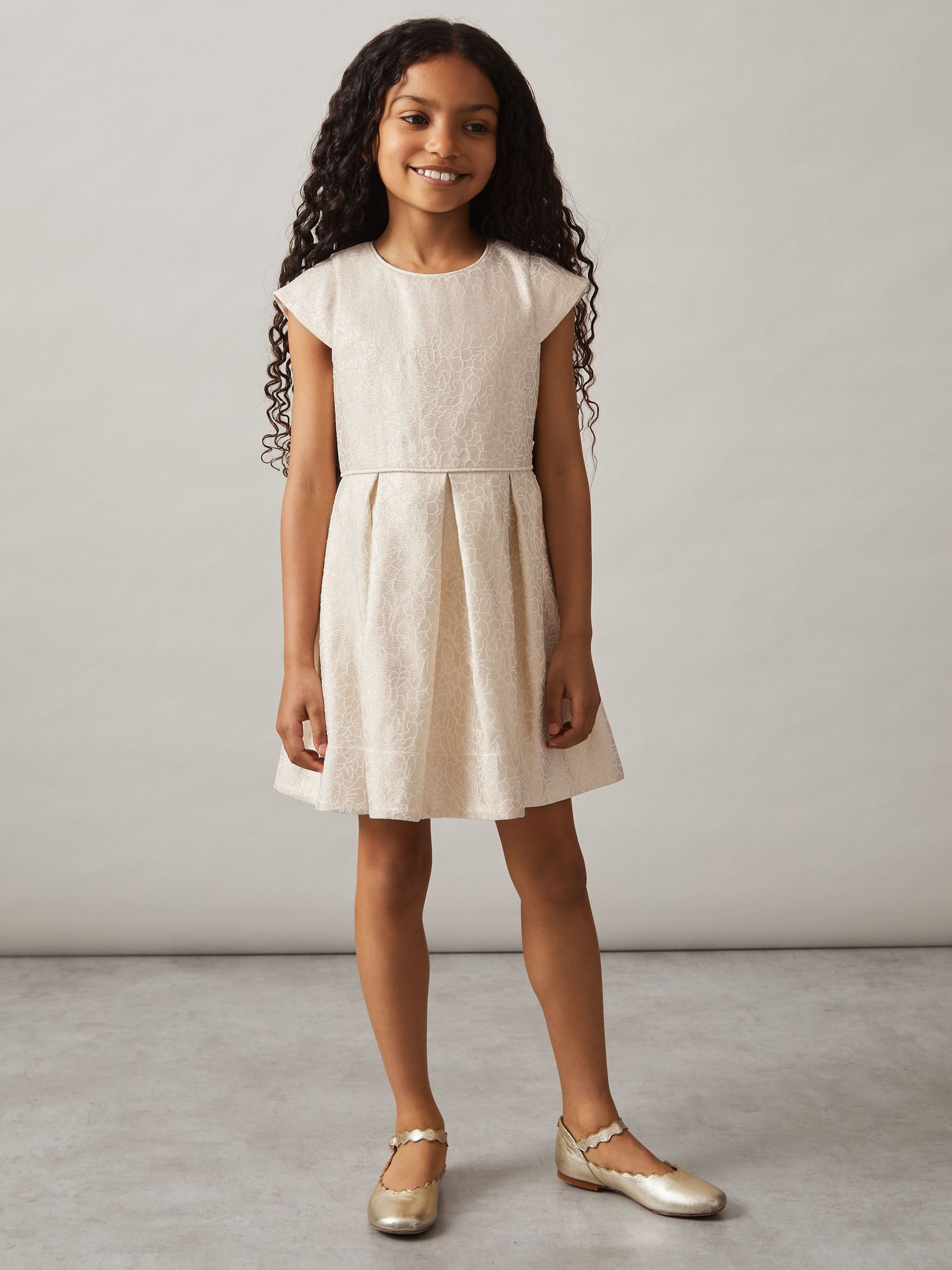 4-9 yrs Brocade Cap-Sleeve Pleated Dress in Ivory (F72837) | €85