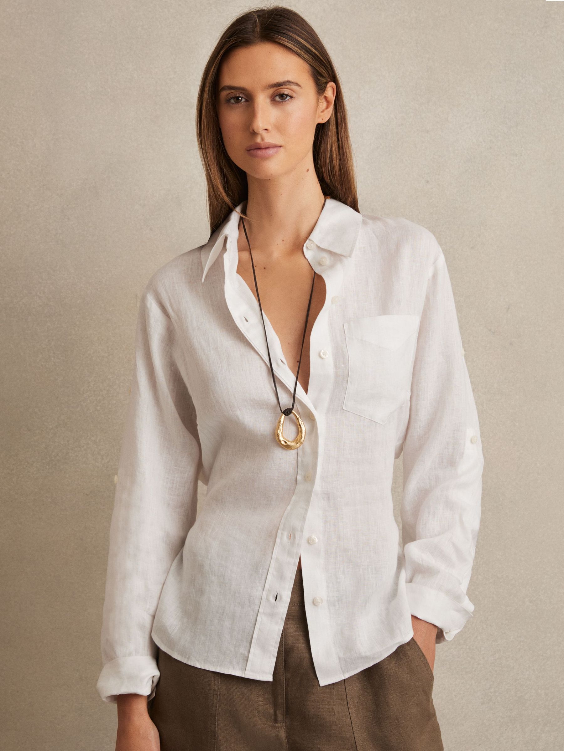 Linen Tie-Back Shirt in White (F74179) | US$180
