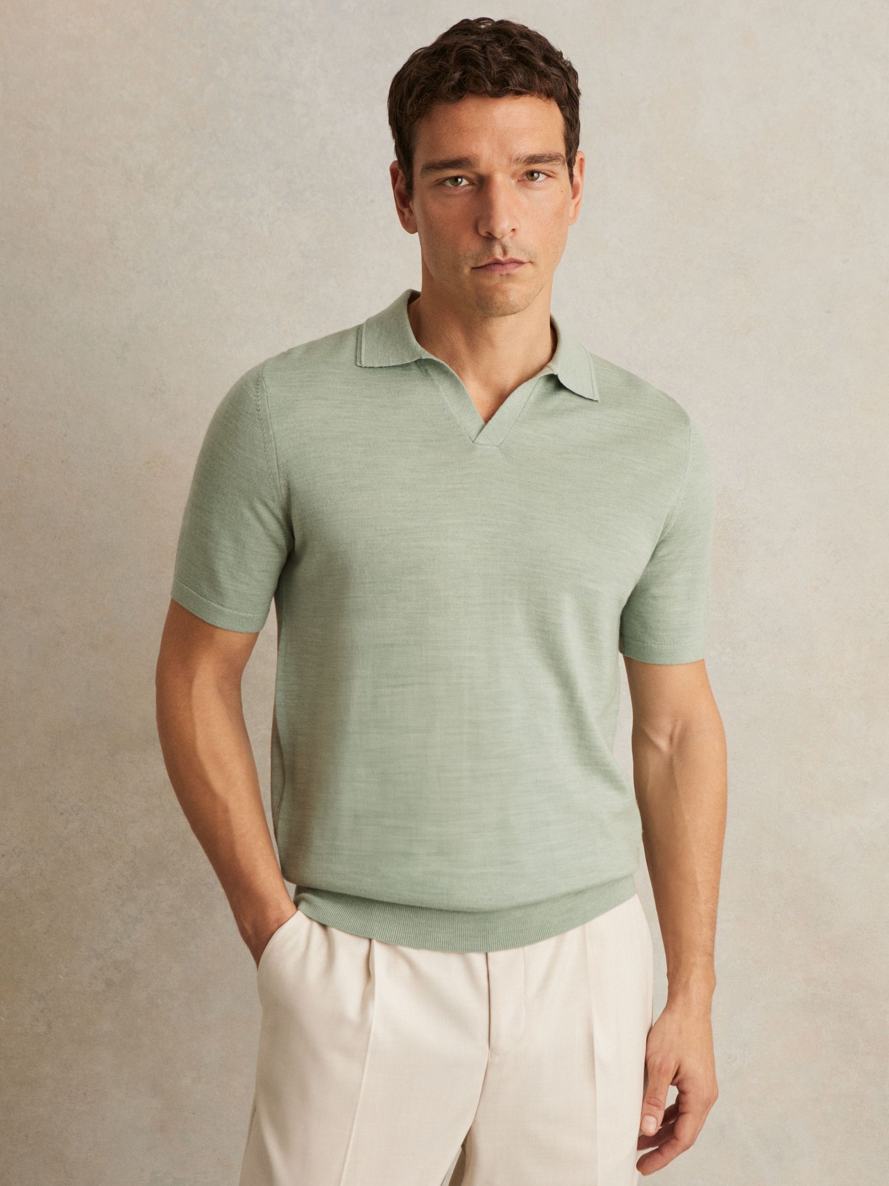 Merino Wool Open-Collar Polo Shirt in Sage Green Melange (F74184) | US$145