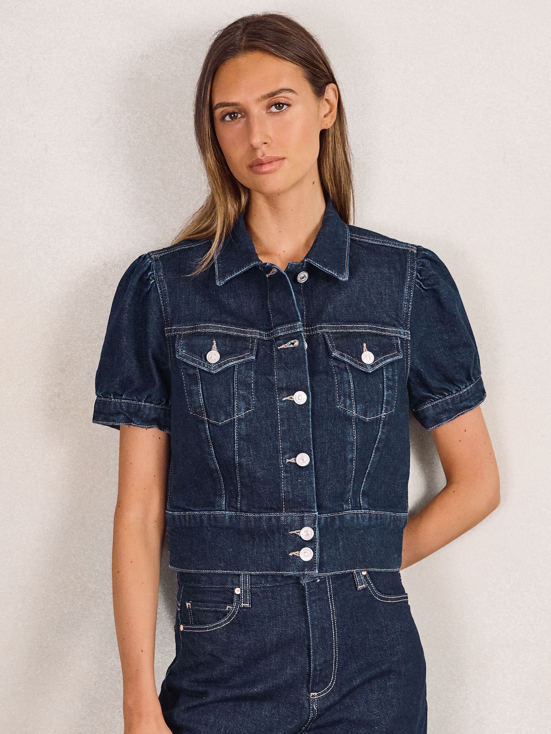 Paige Puff-Sleeve Short Denim Jacket in Emberlynn Blue (F74185) | €244