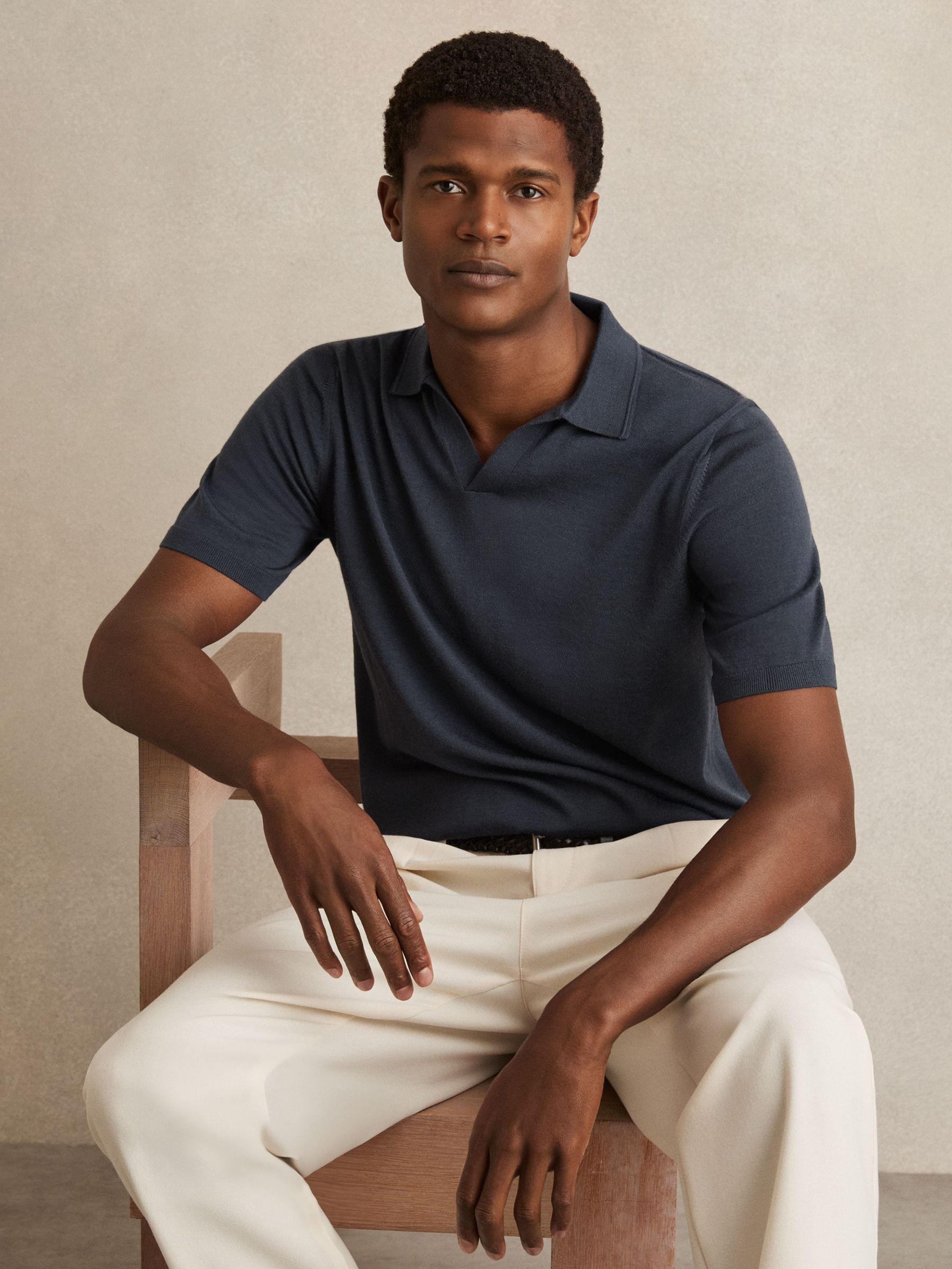Merino Wool Open-Collar Polo Shirt in Midnight Navy (F74187) | $145