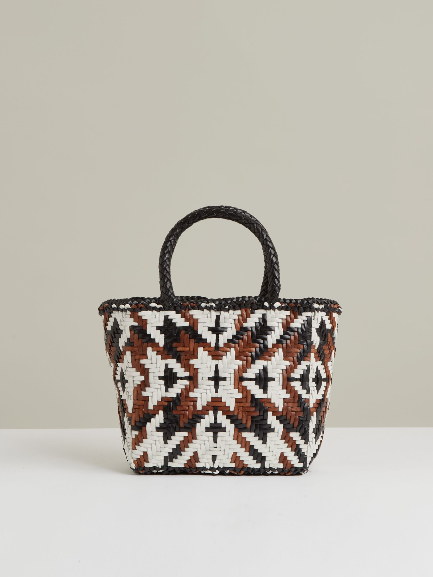 Small Leather Woven Tote Bag in Tan/White/Black (F75737) | Kč7,770