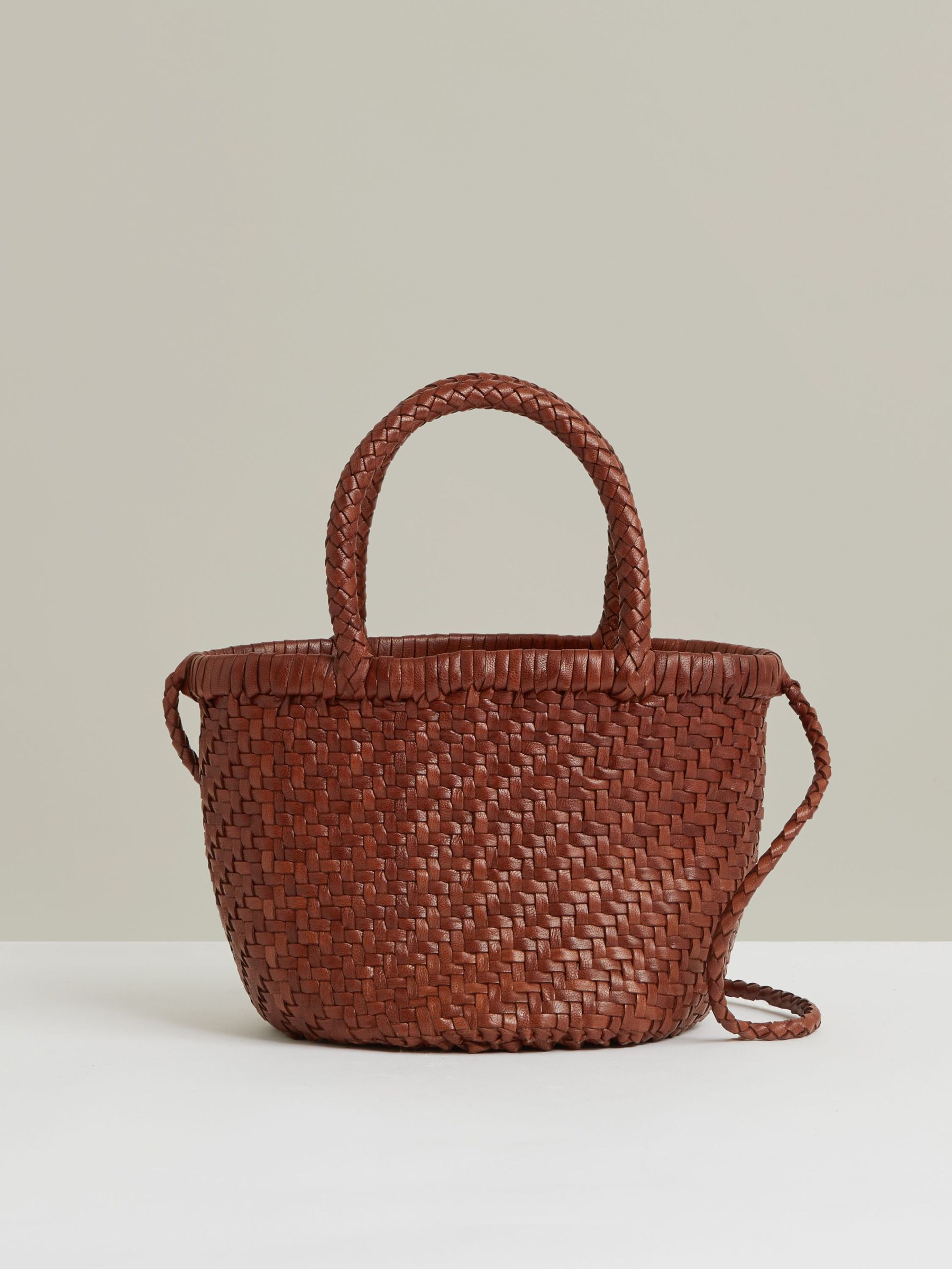 Leather Woven Mini Tote Bag in Tan (F75739) | $330