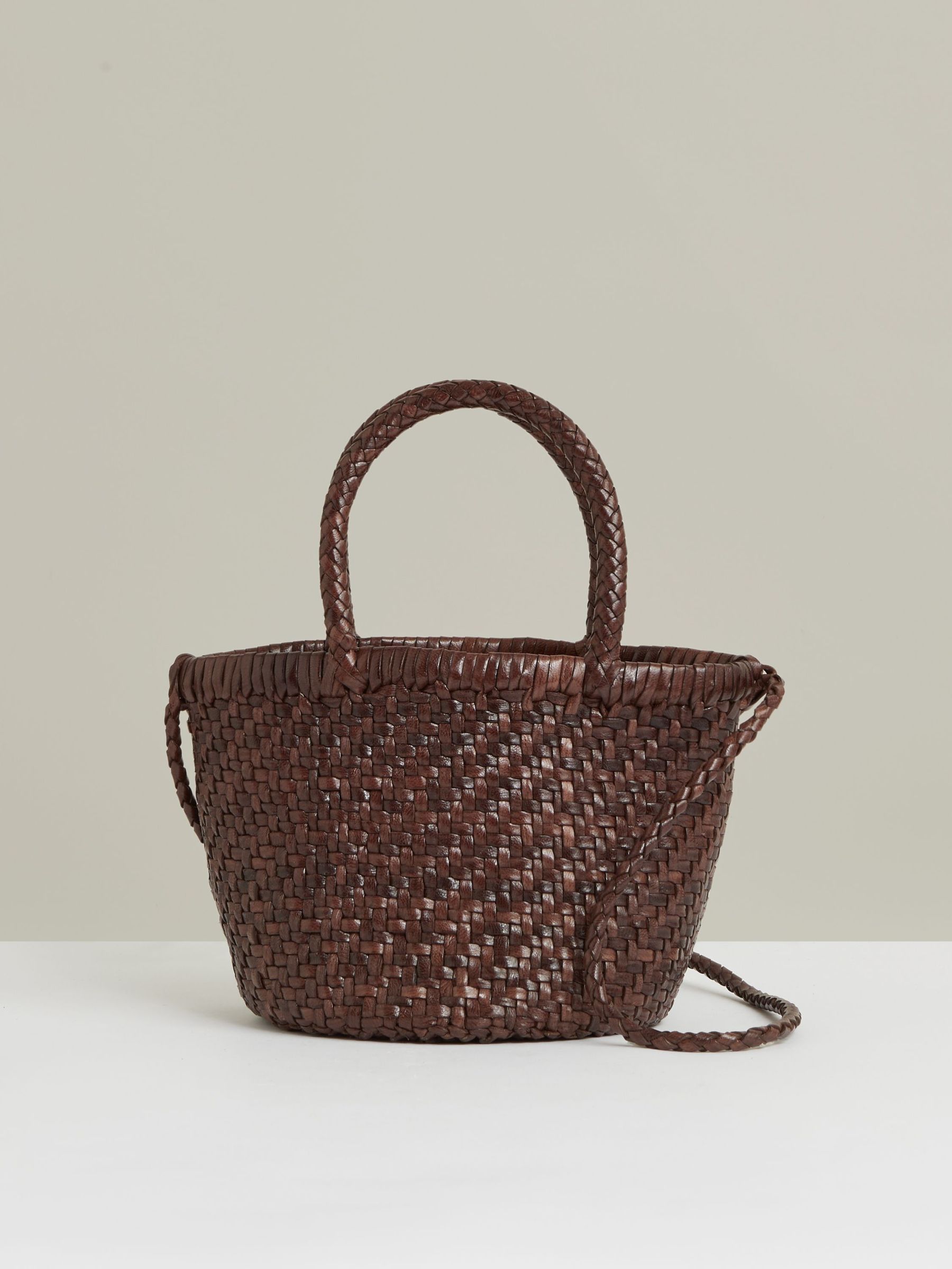 Leather Woven Mini Tote Bag in Chocolate (F75740) | $330