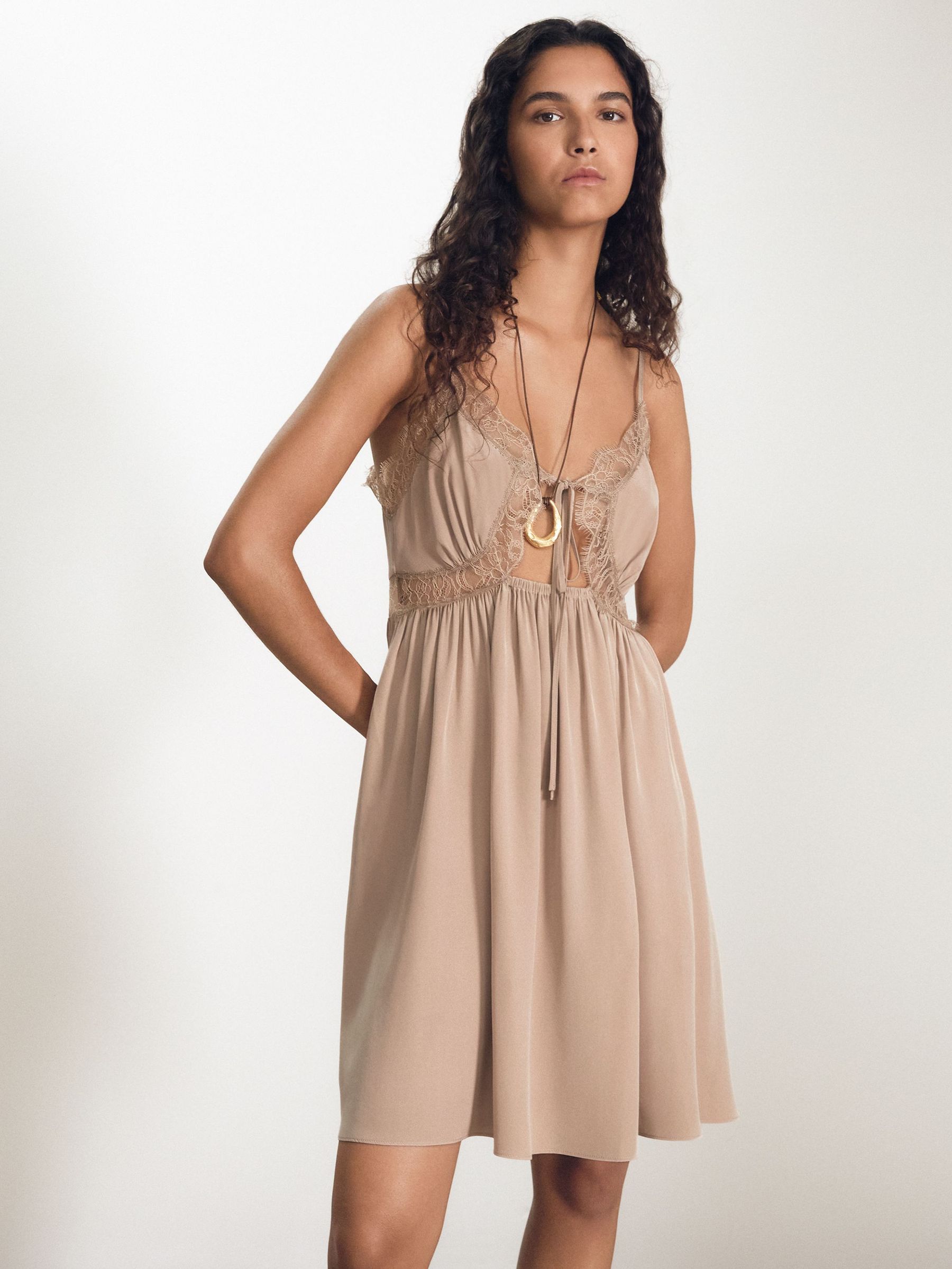 Atelier Silk Lace-Trim Babydoll Dress in Taupe (F75745) | €420