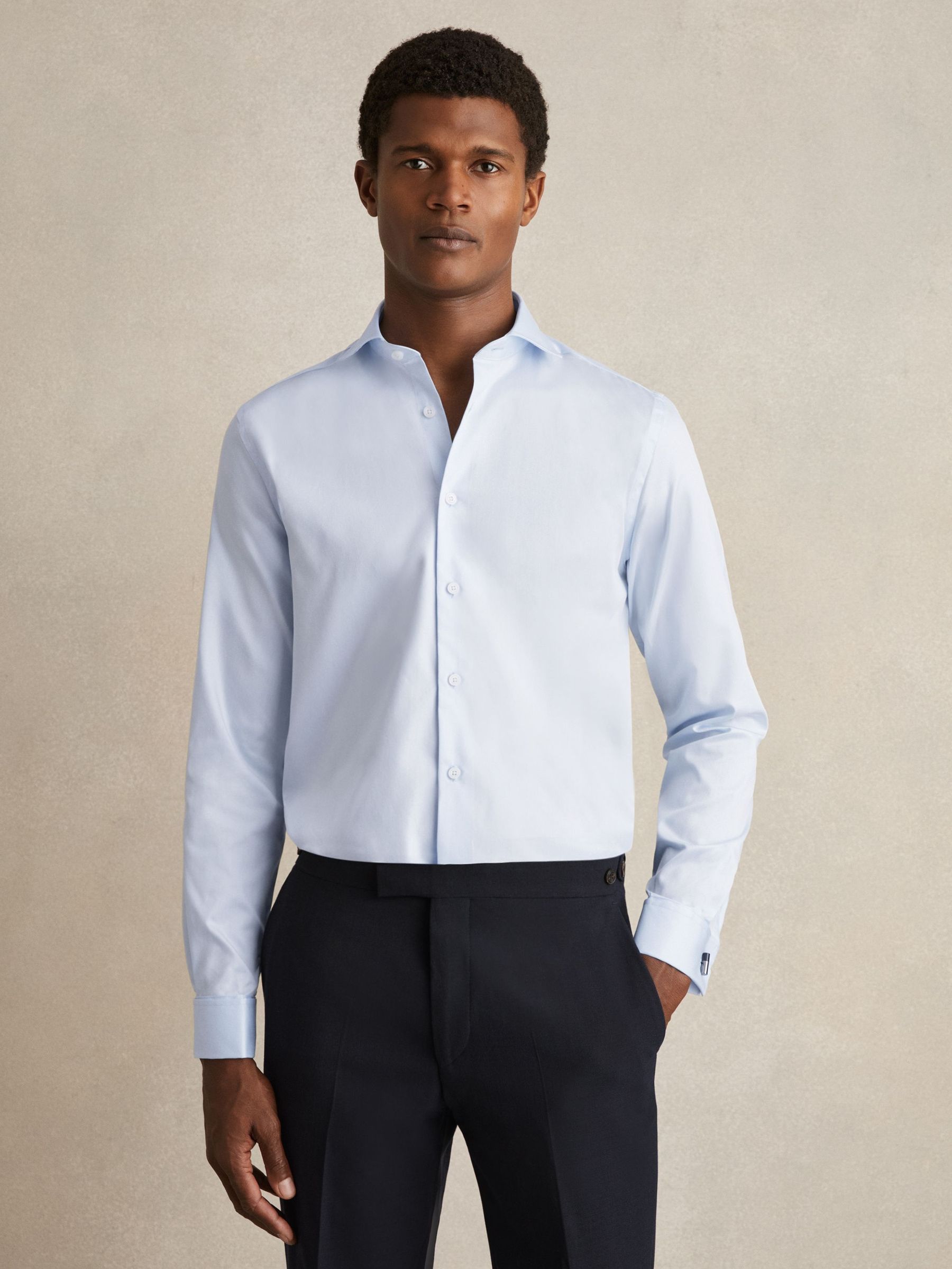 Double-Cuff Two-Fold Cotton Shirt in Soft Blue (F77489) | US$160