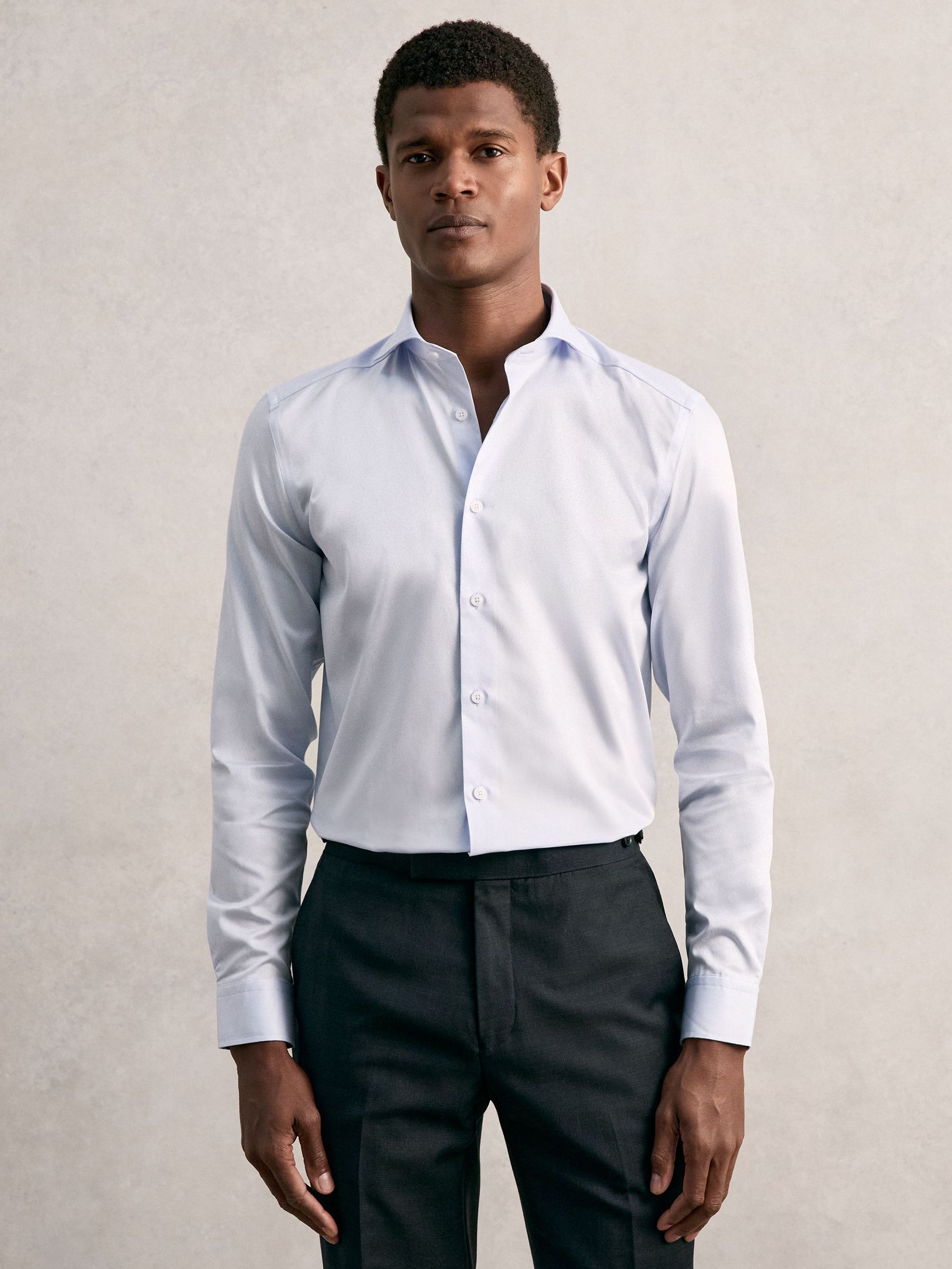 Cotton Satin Cutaway Collar Shirt in Mid Blue (F77507) | $125