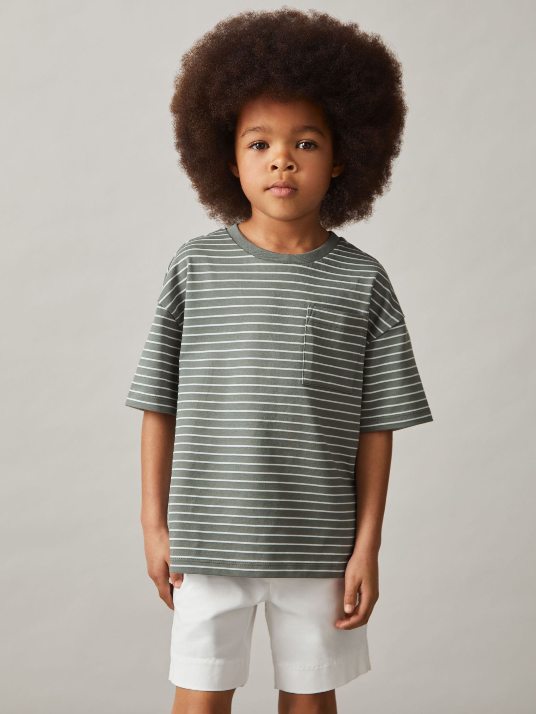 Cotton Blend Stripe T-Shirt in Sage/White (F78928) | US$30