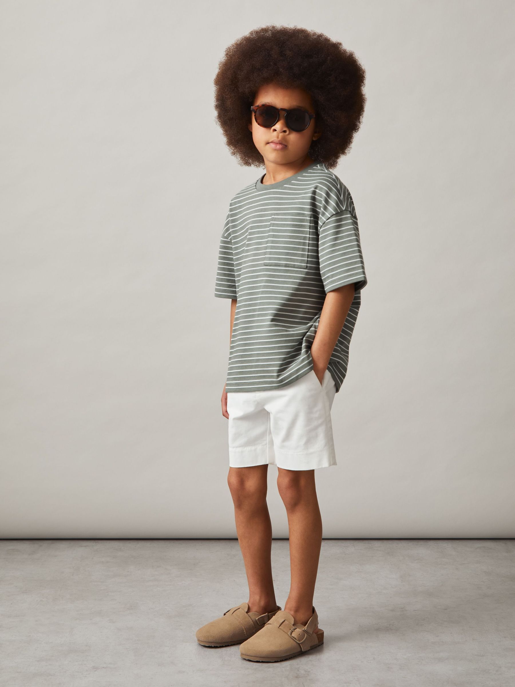 Cotton Blend Stripe T-Shirt in Sage/White (F78931) | US$30