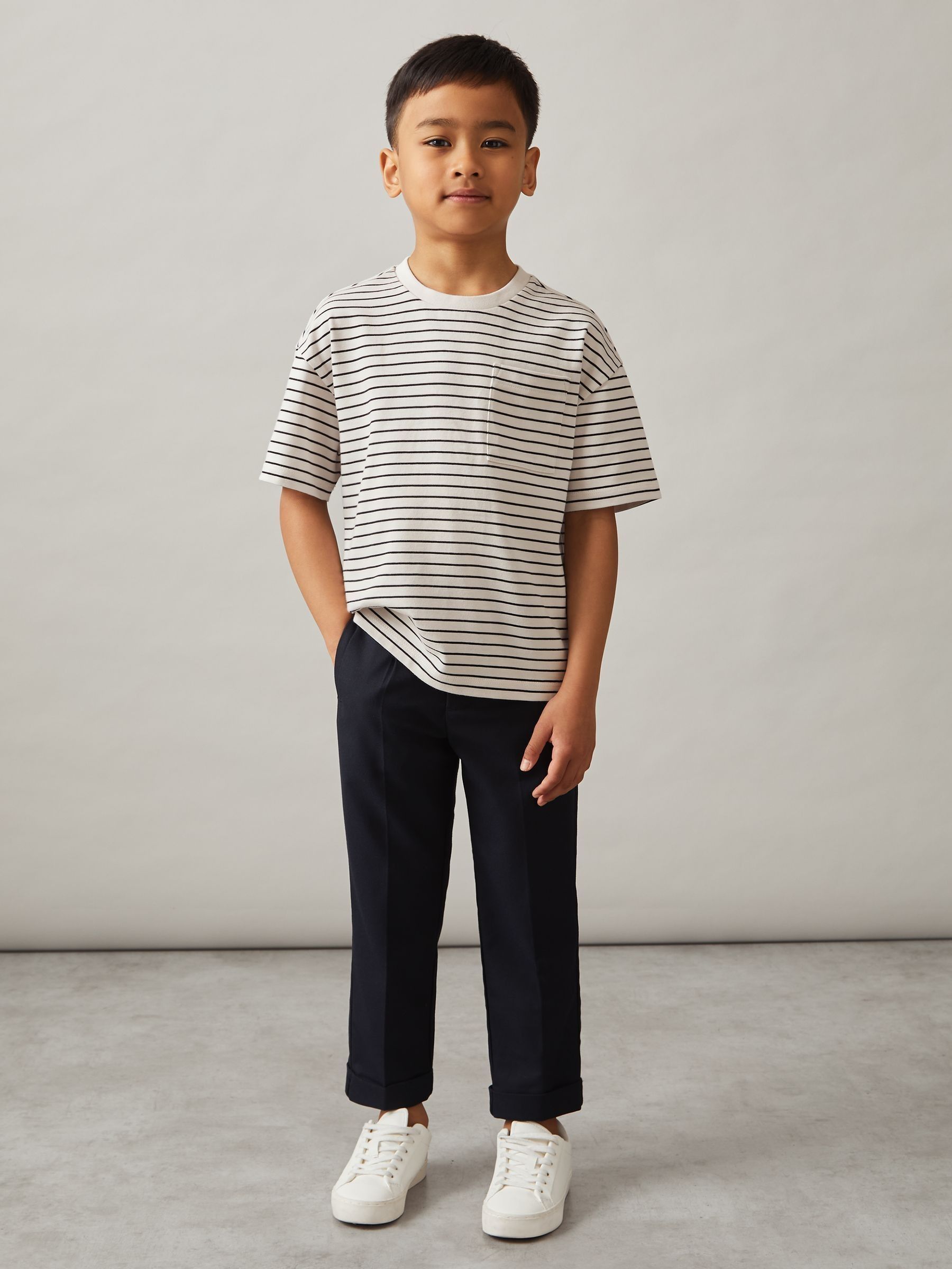 9-13 yrs Cotton Blend Stripe T-Shirt in White/Navy (F78946) | US$30