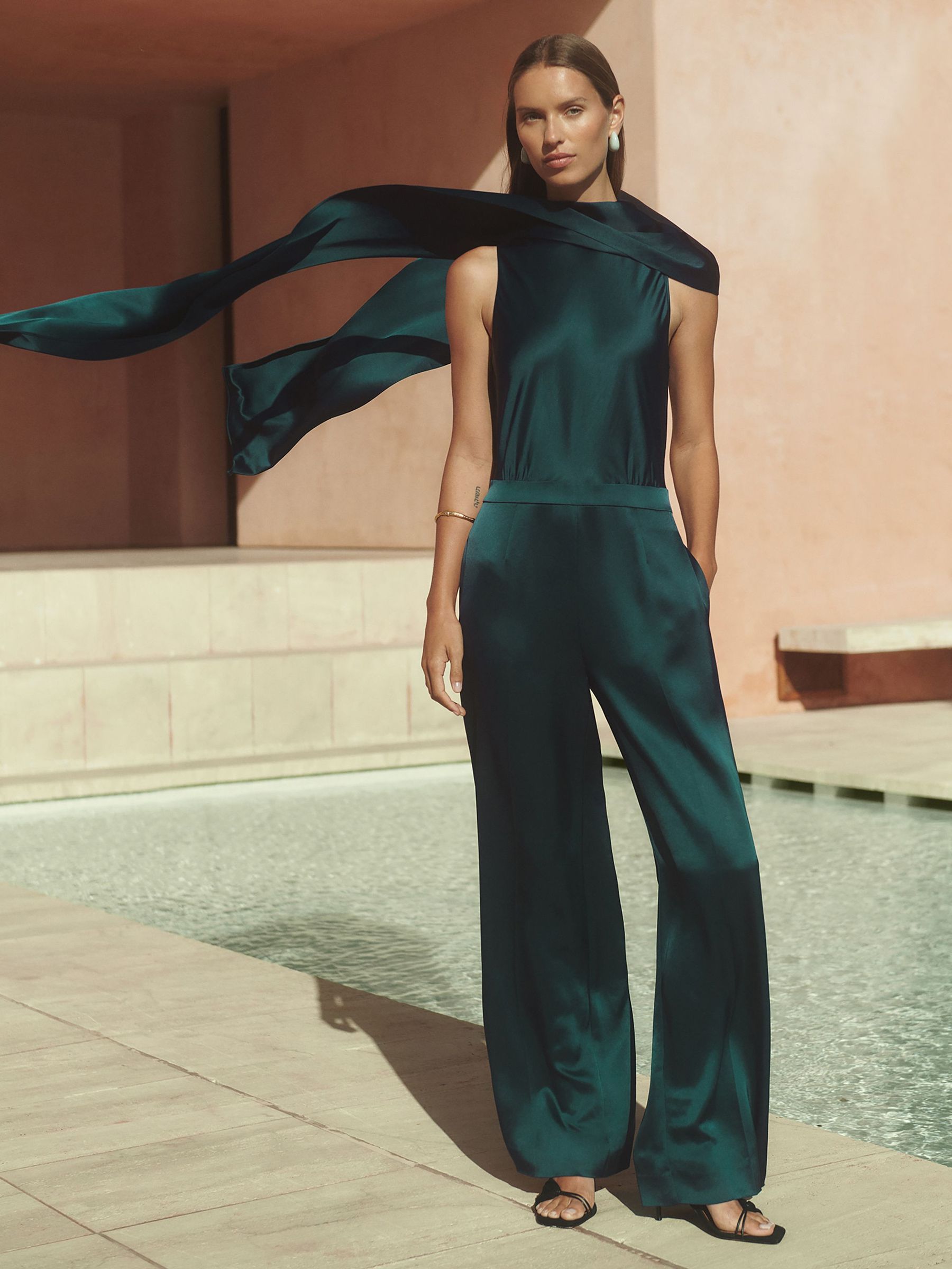 Satin Cape Sash Jumpsuit in Teal Green (F78992) | CHF 415