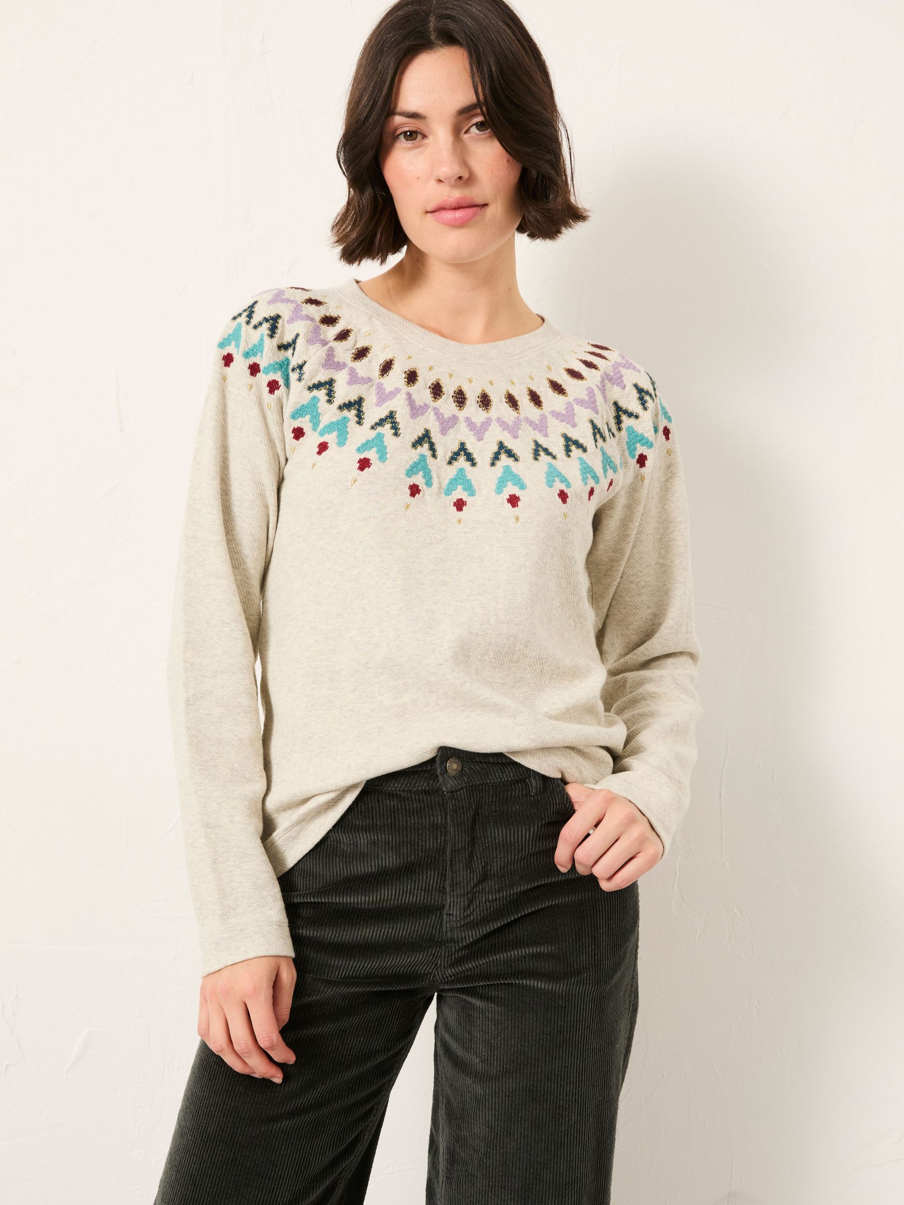 Grey Embroidered Fairisle Crew Sweatshirt (F82428) | $86