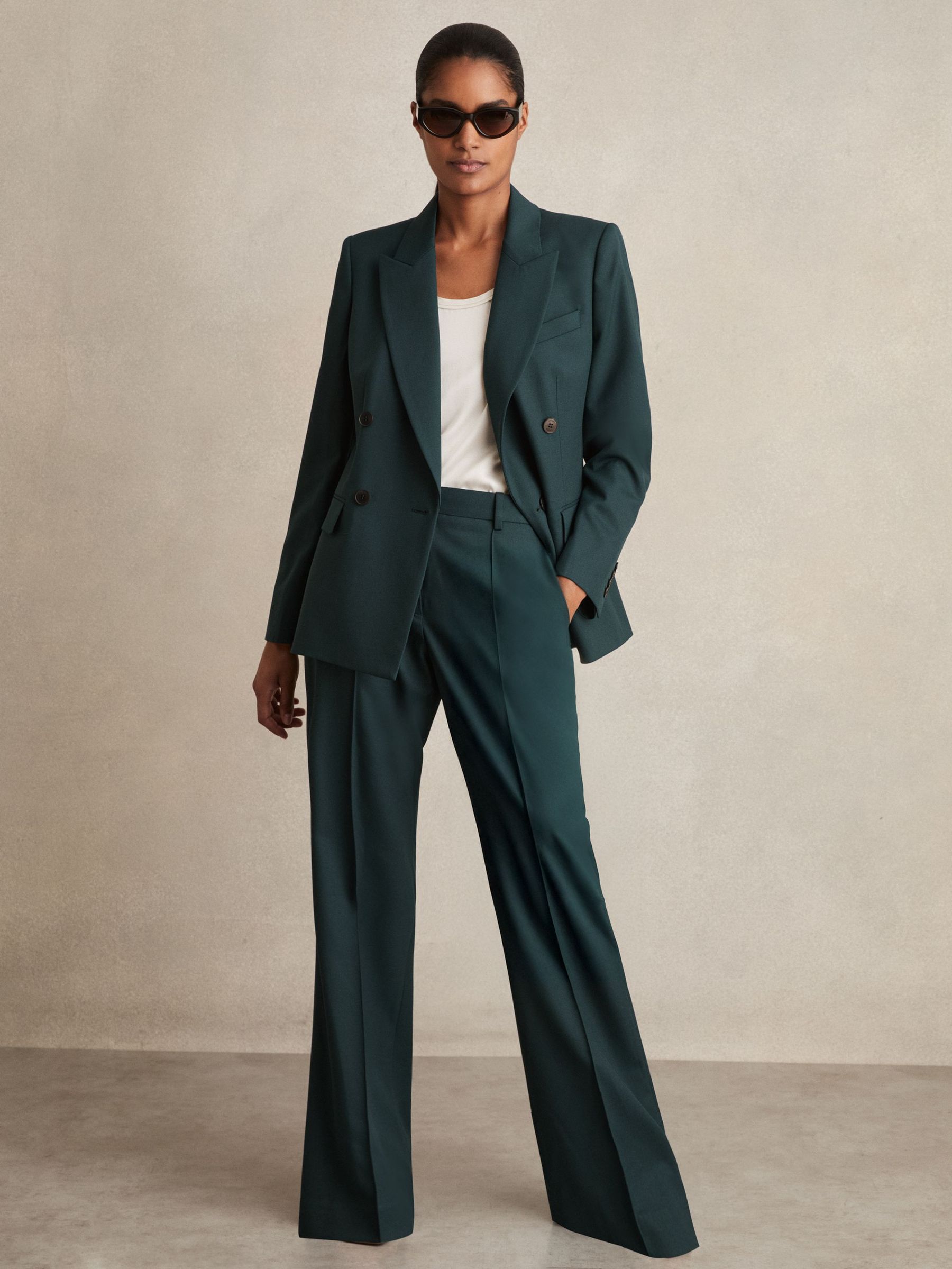 Wool-Blend Wide-Leg Suit Trousers in Green (F85169) | US$285