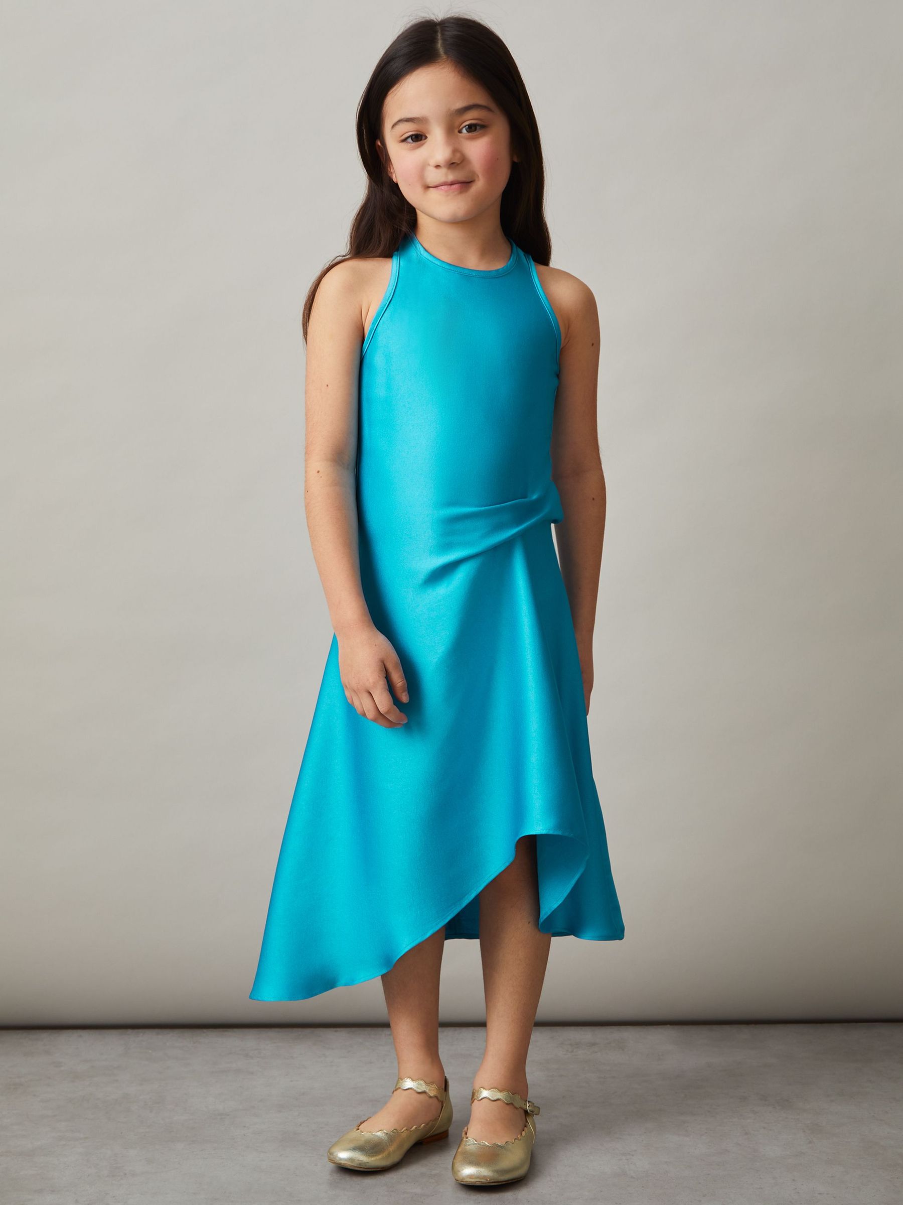 Satin Drape Tuck Midi Dress in Blue (F85180) | US$90