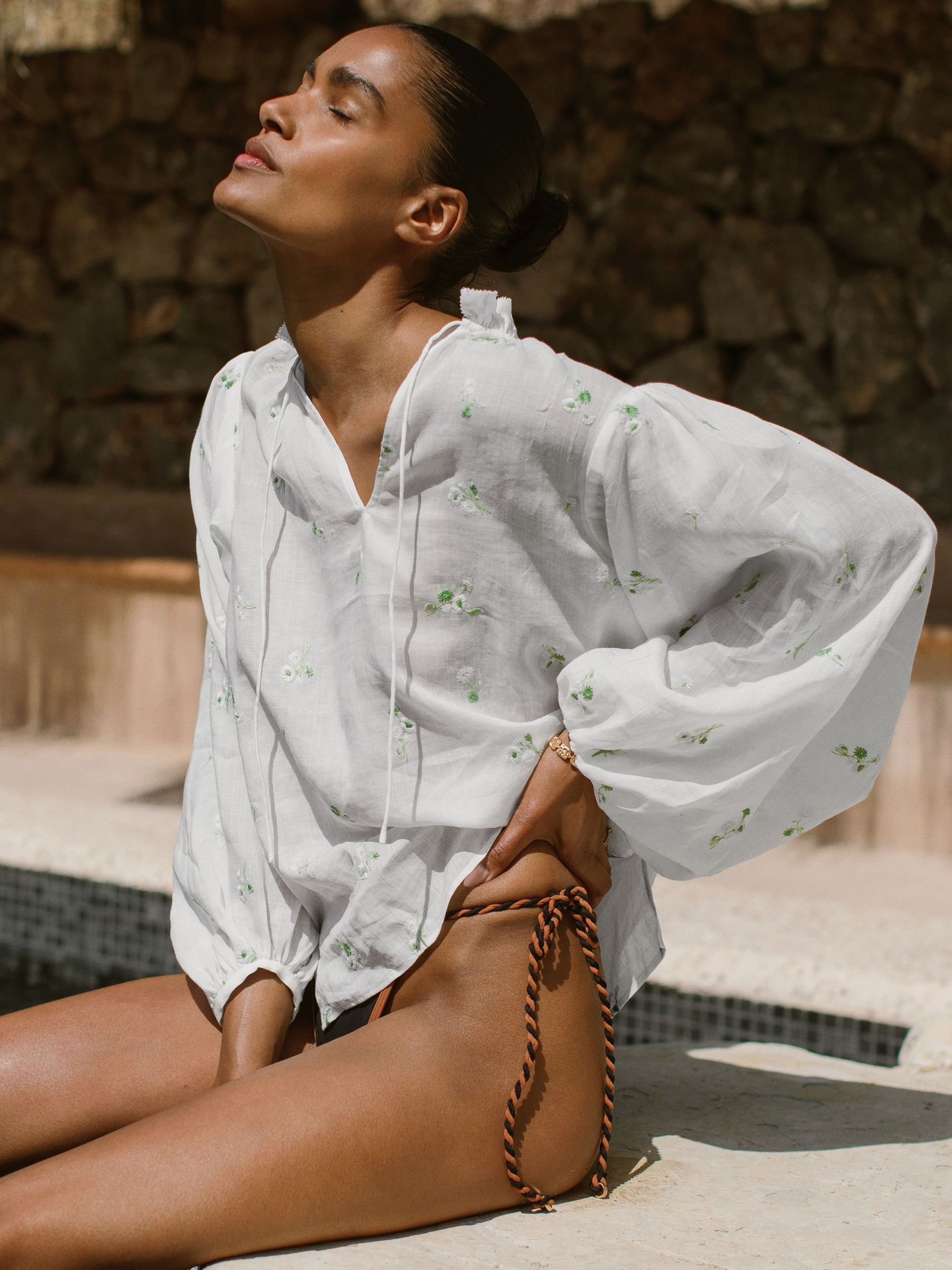 Floral Print Embroidered Tie Neck Ramie Lyocell Blouse in Ivory (F85183) | US$380