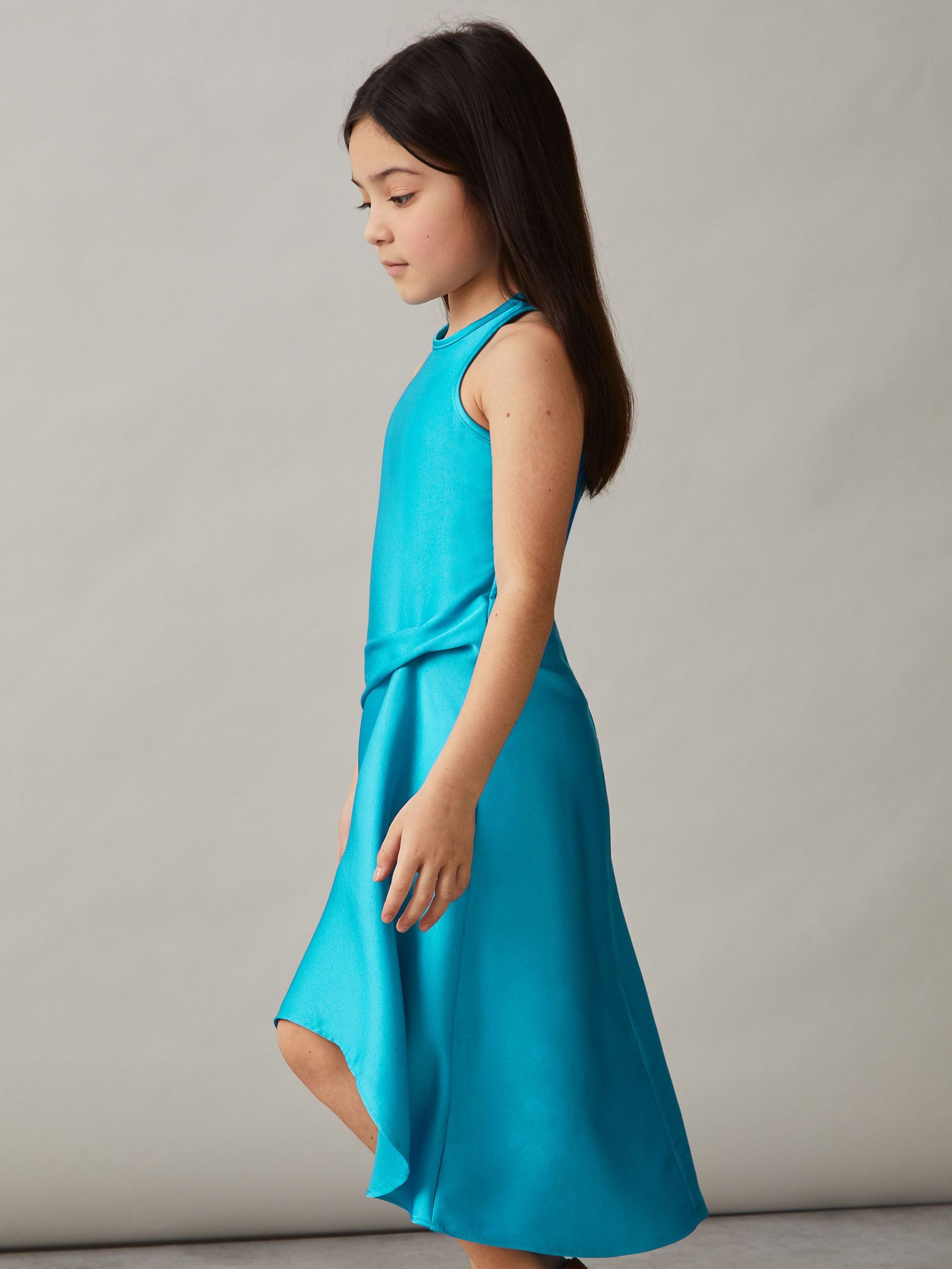 Satin Drape Tuck Midi Dress in Blue (F85185) | US$95