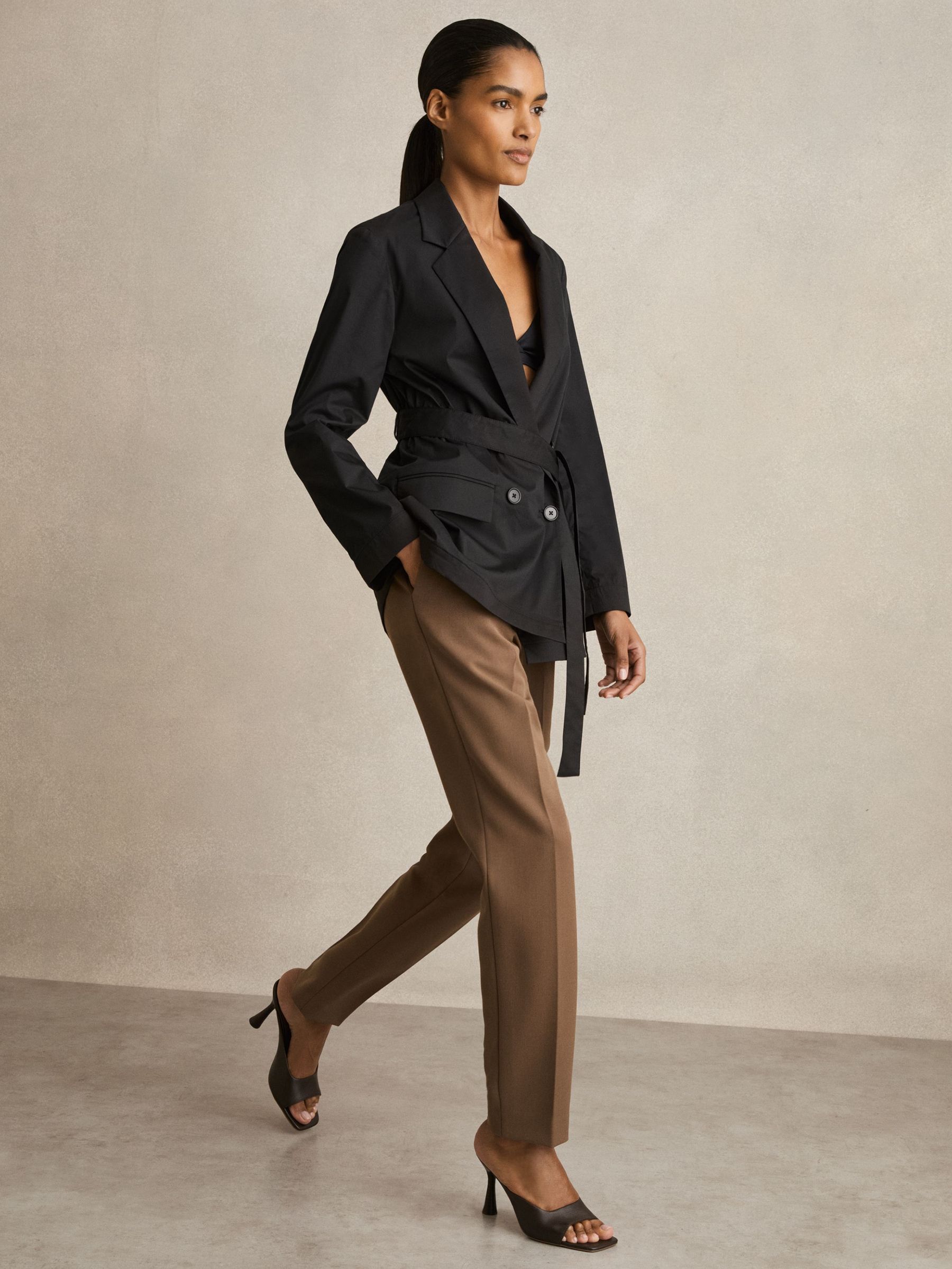Cotton Blend Double Breasted Belted Jacket in Black (F85193) | US$425