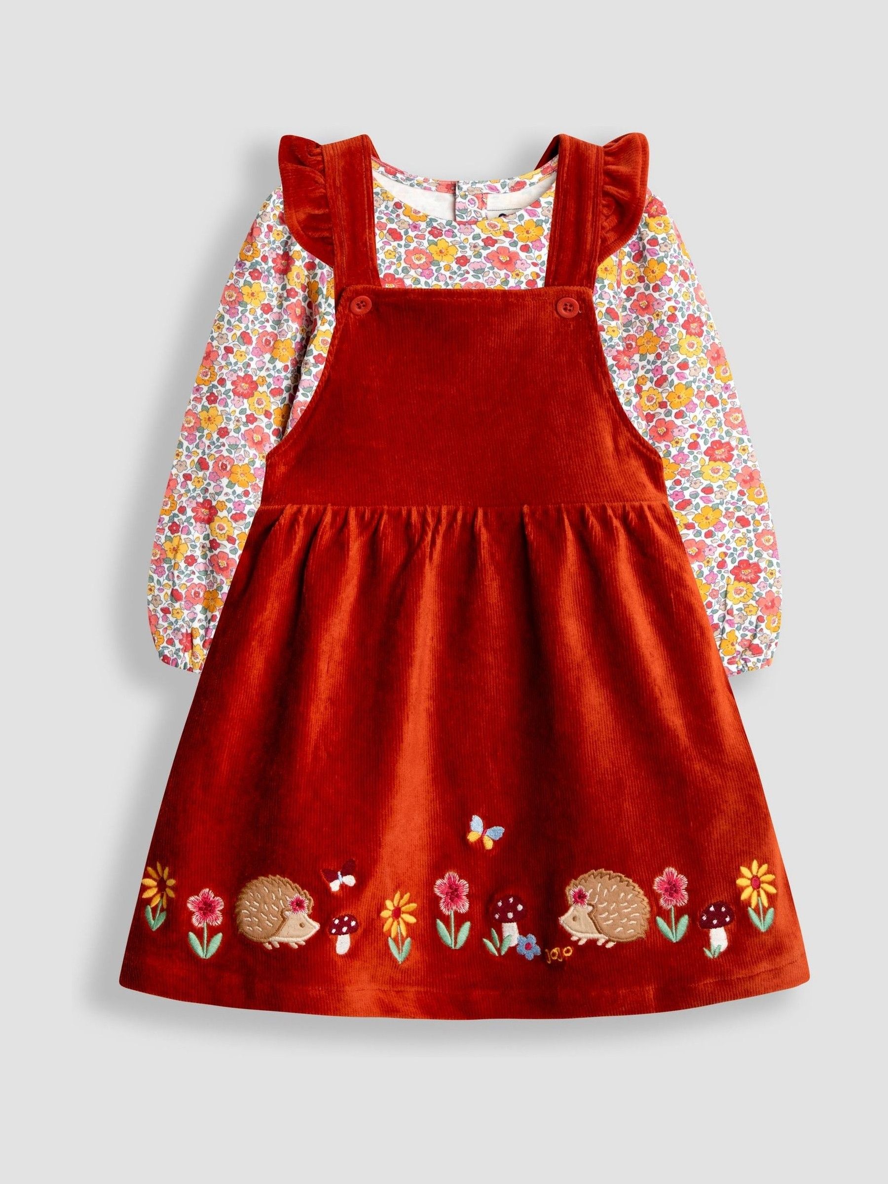 Orange Rust Hedgehog Appliqué Pinafore Dress & Top Set (F86090) | $46 - $50