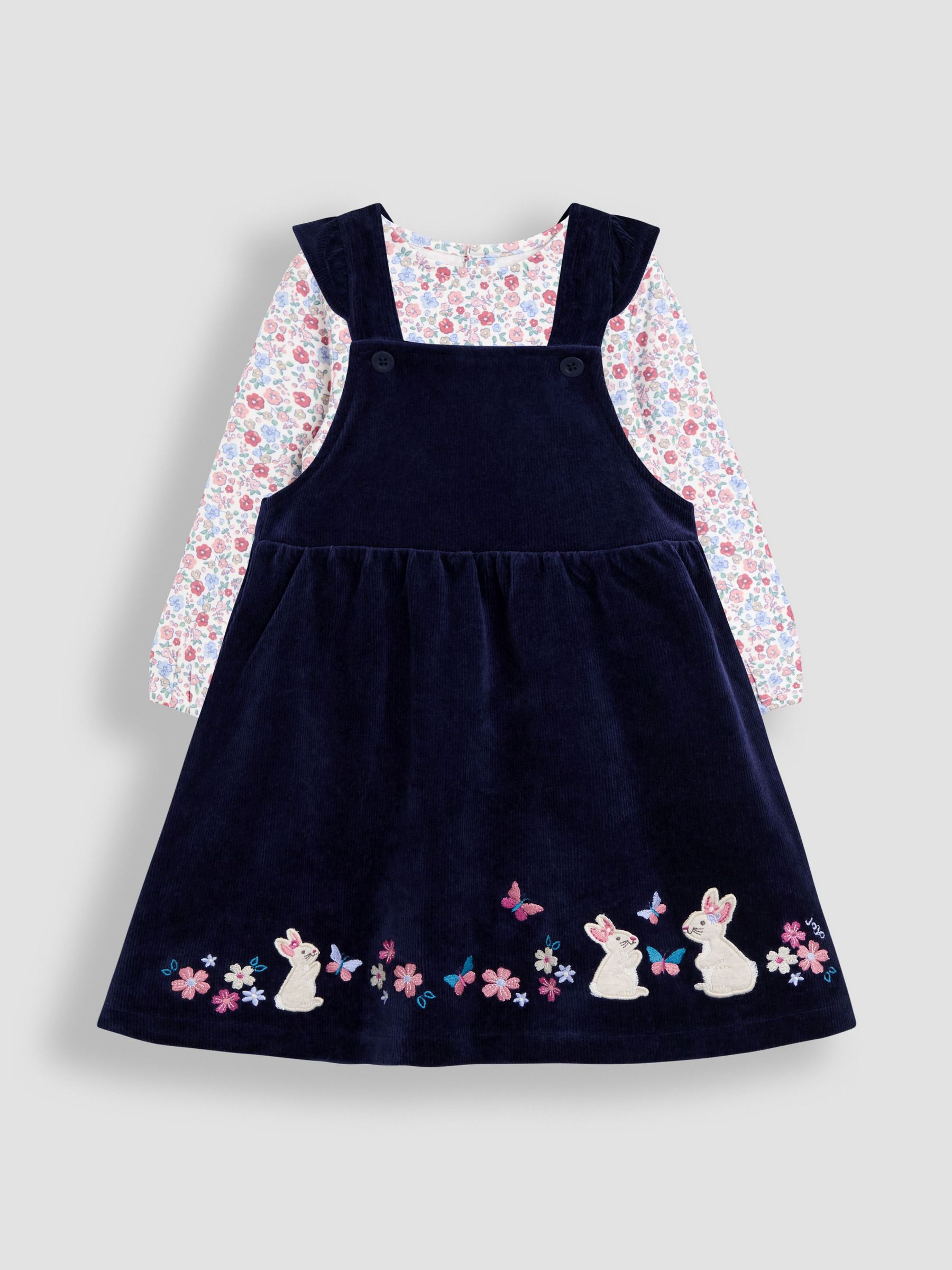 Navy Blue Bunny Appliqué Pinafore Dress & Top Set (F86093) | $46 - $50