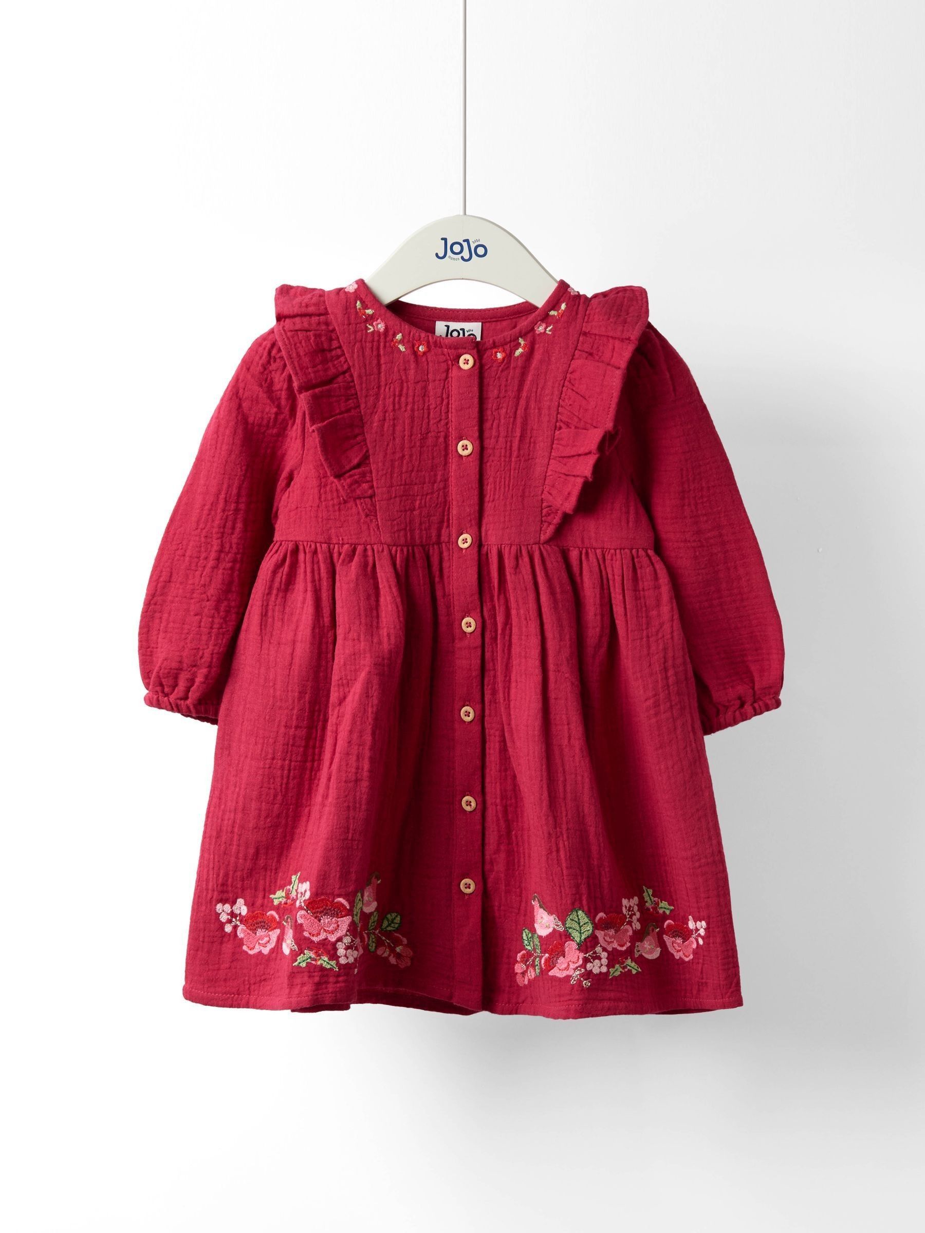 Burgundy Robin Floral Frill Sleeve Button Through Dress (F86114) | $46 - $51