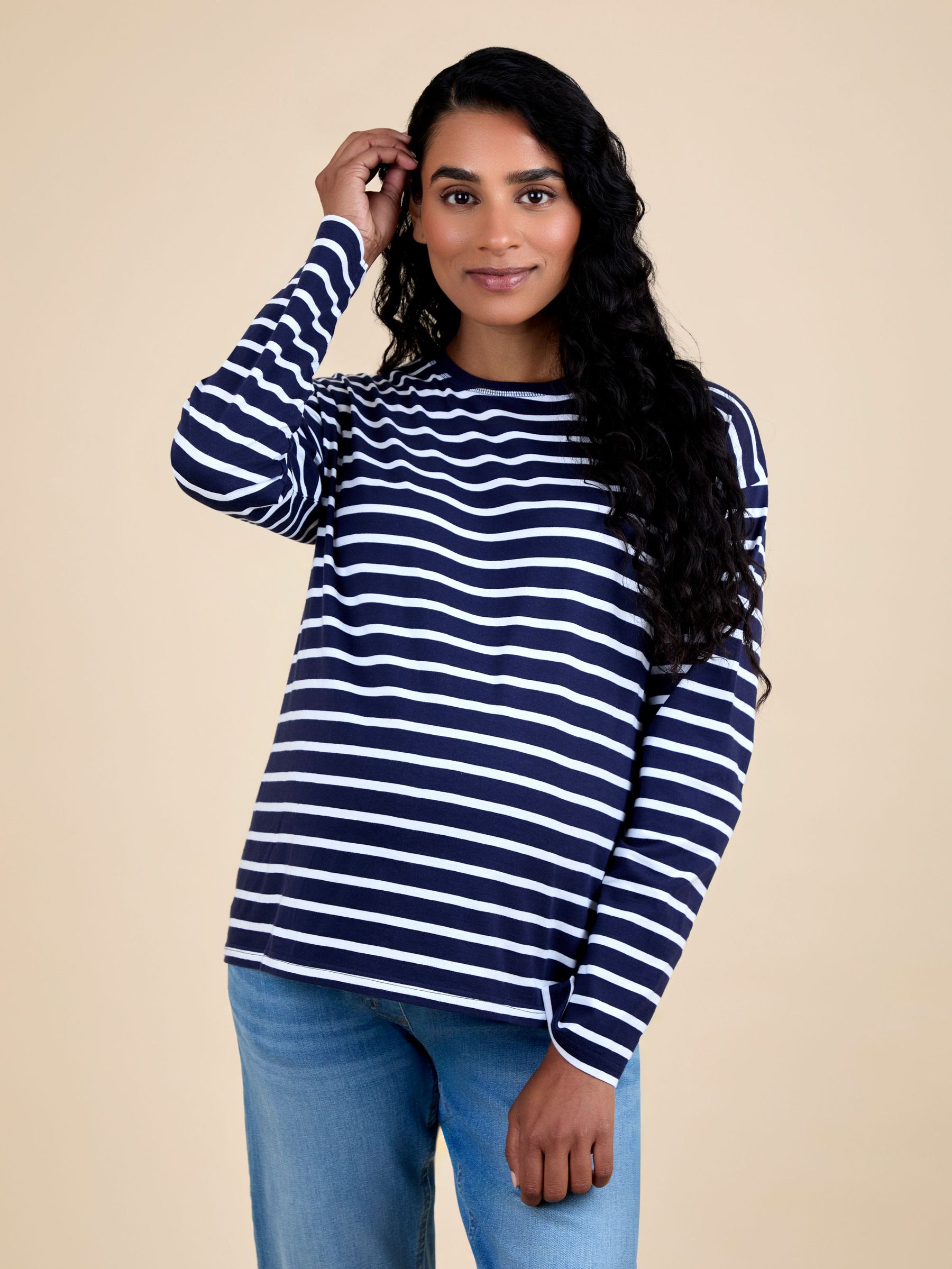 Blue Stripe Long Sleeve Boyfriend Maternity T-Shirt (F86282) | $33