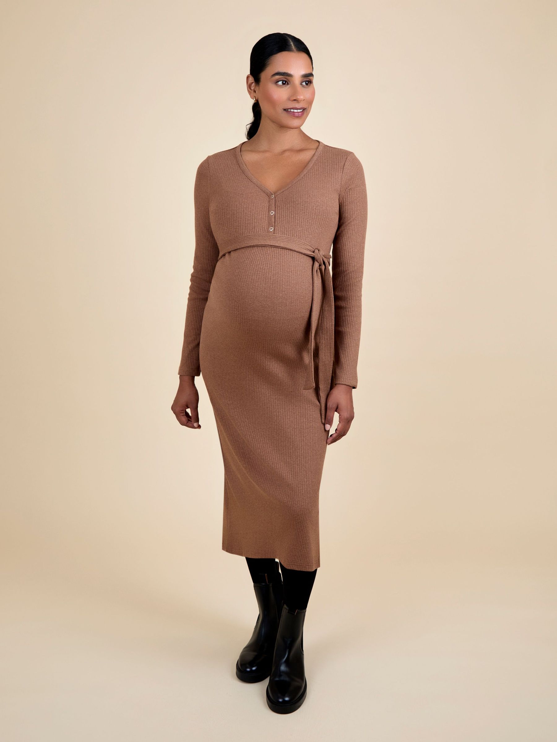 Gold Ribbed Maternity Popper Front Dress (F86314) | $65