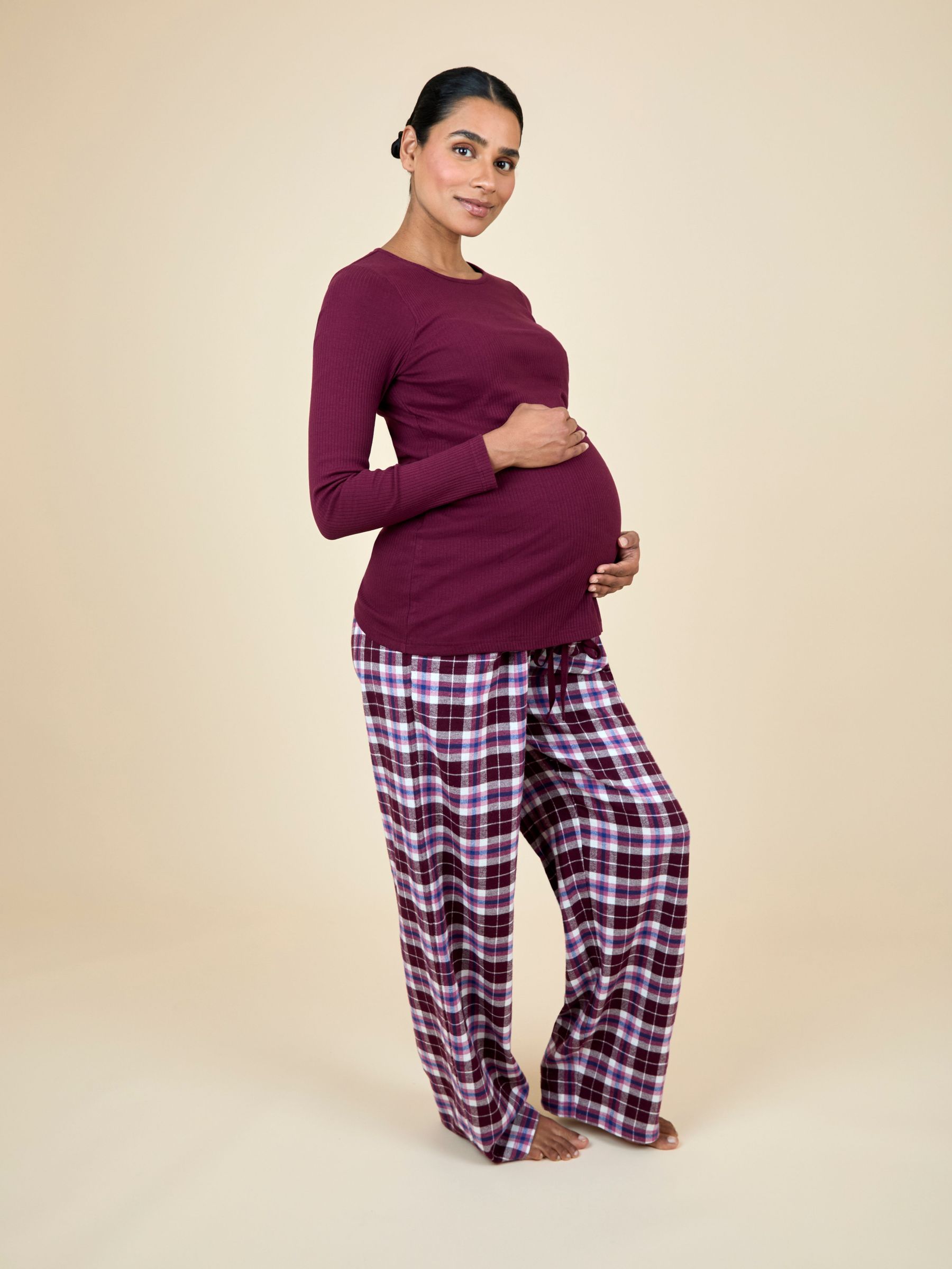 Wine Maternity & Nursing Check Pyjama Set (F86325) | $72