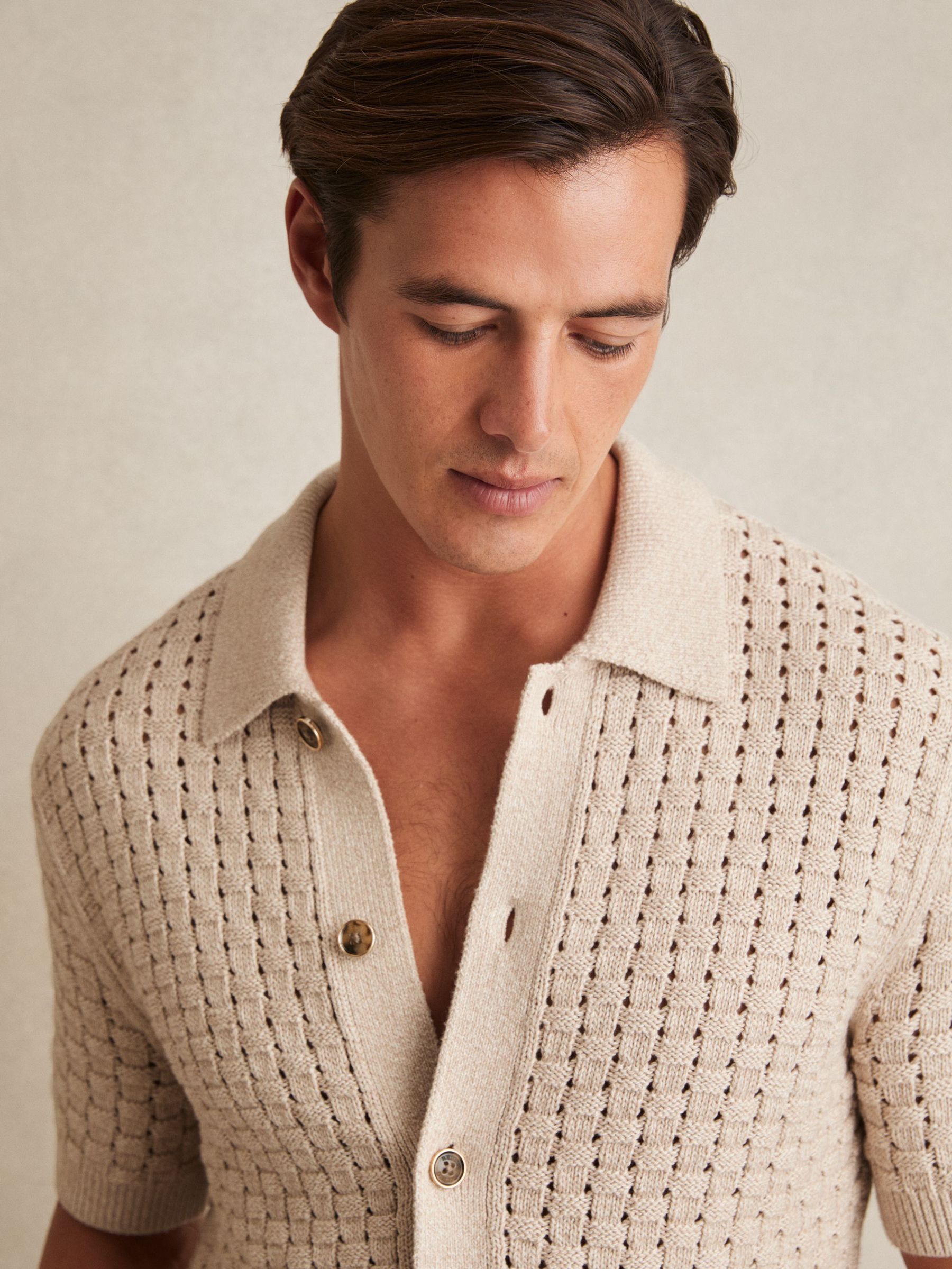 Basketweave-Knit Button-Through Cotton-Blend Shirt in Stone (F87290) | 740 SAR