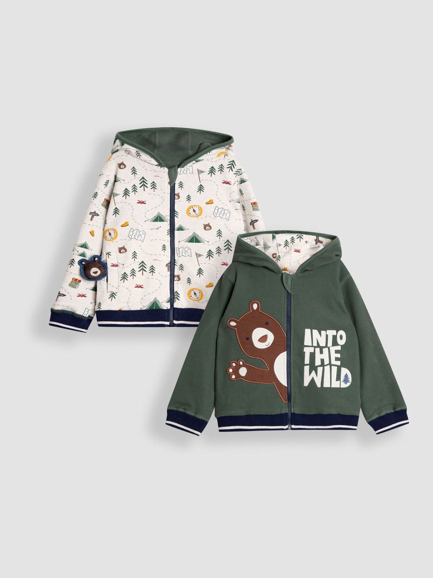 Khaki Green Bear Appliqué Reversible Hoodie (F87355) | $46 - $51