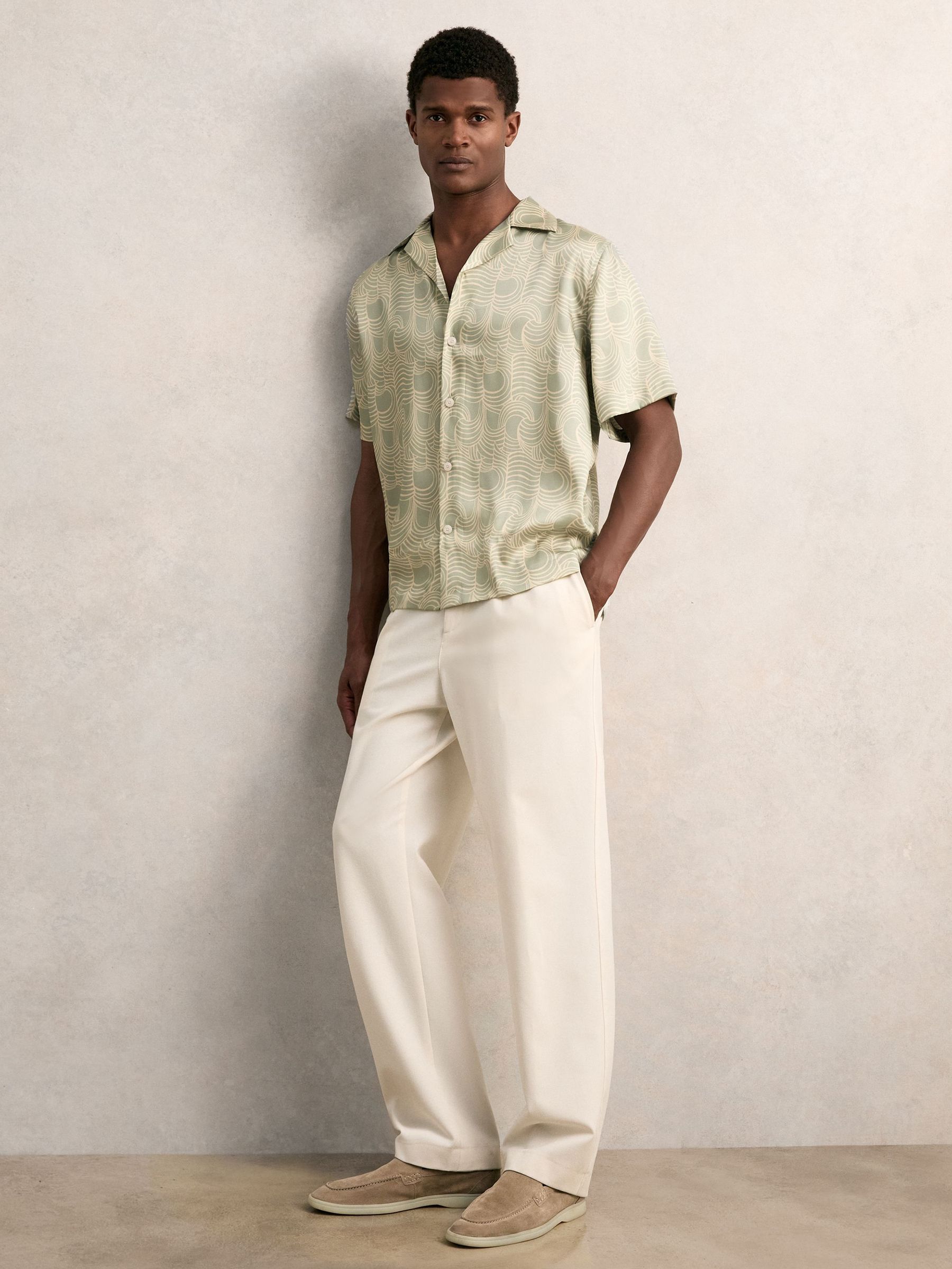 Wave Print Cuban Collar Shirt in Sage Green (F89389) | 276 QAR