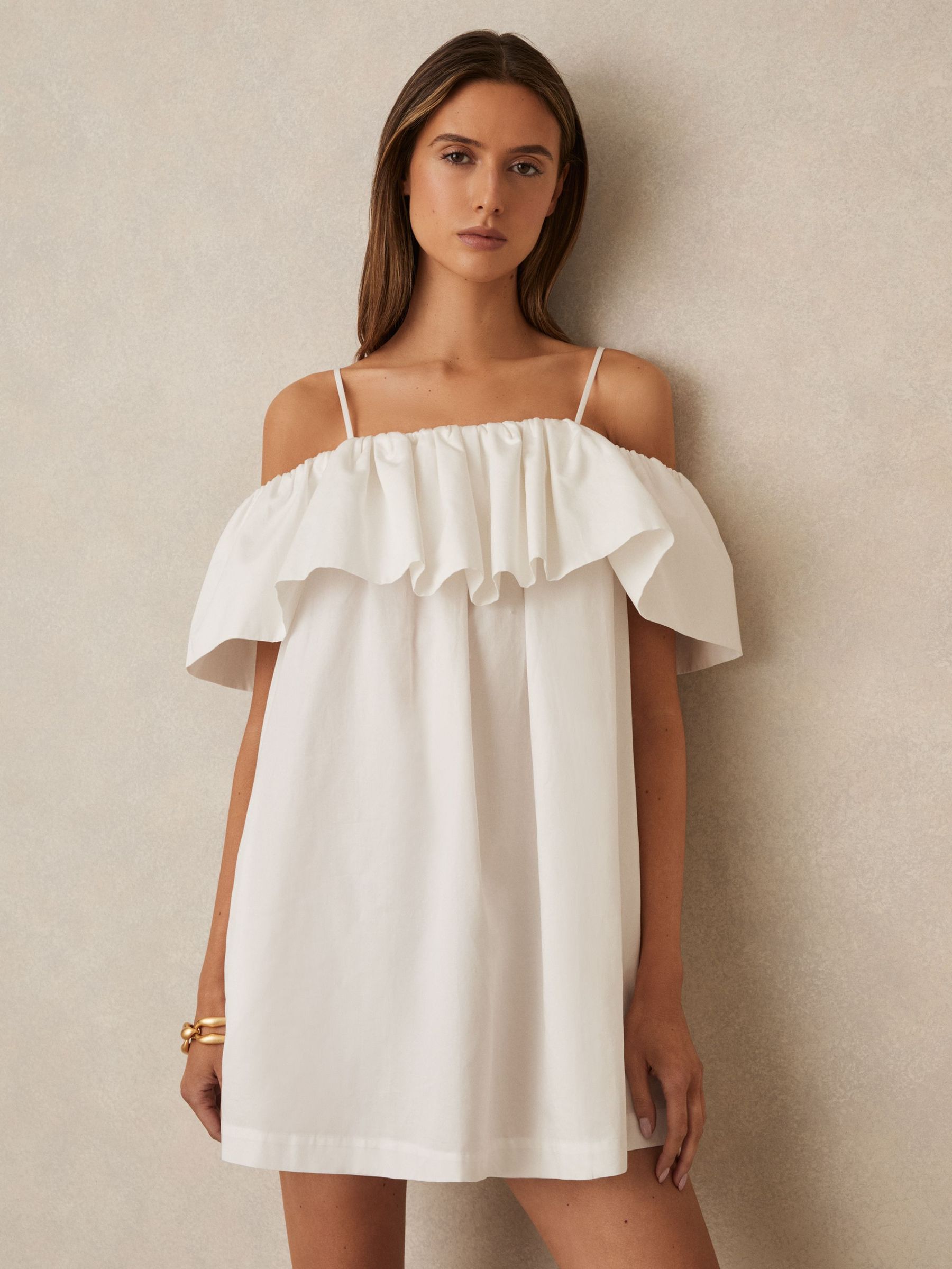 Cotton Off Shoulder Mini Dress in Ivory Cream (F90019) | US$225
