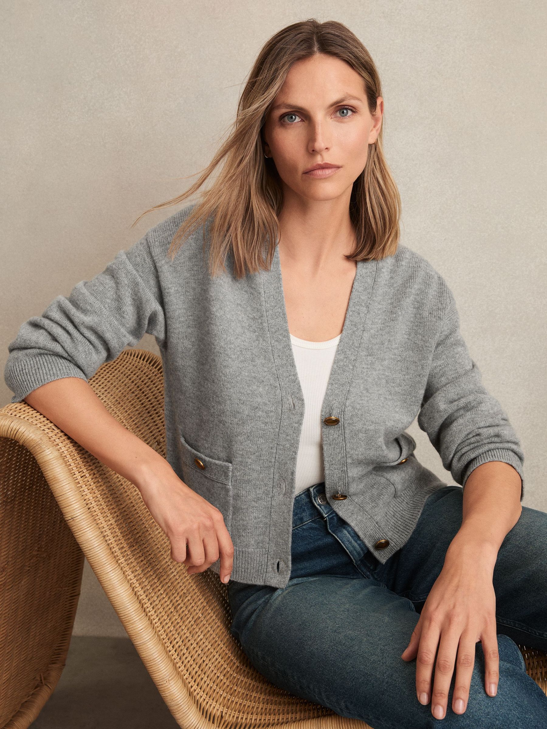 Wool-Cashmere Button Cardigan in Silver Grey (F90032) | US$240