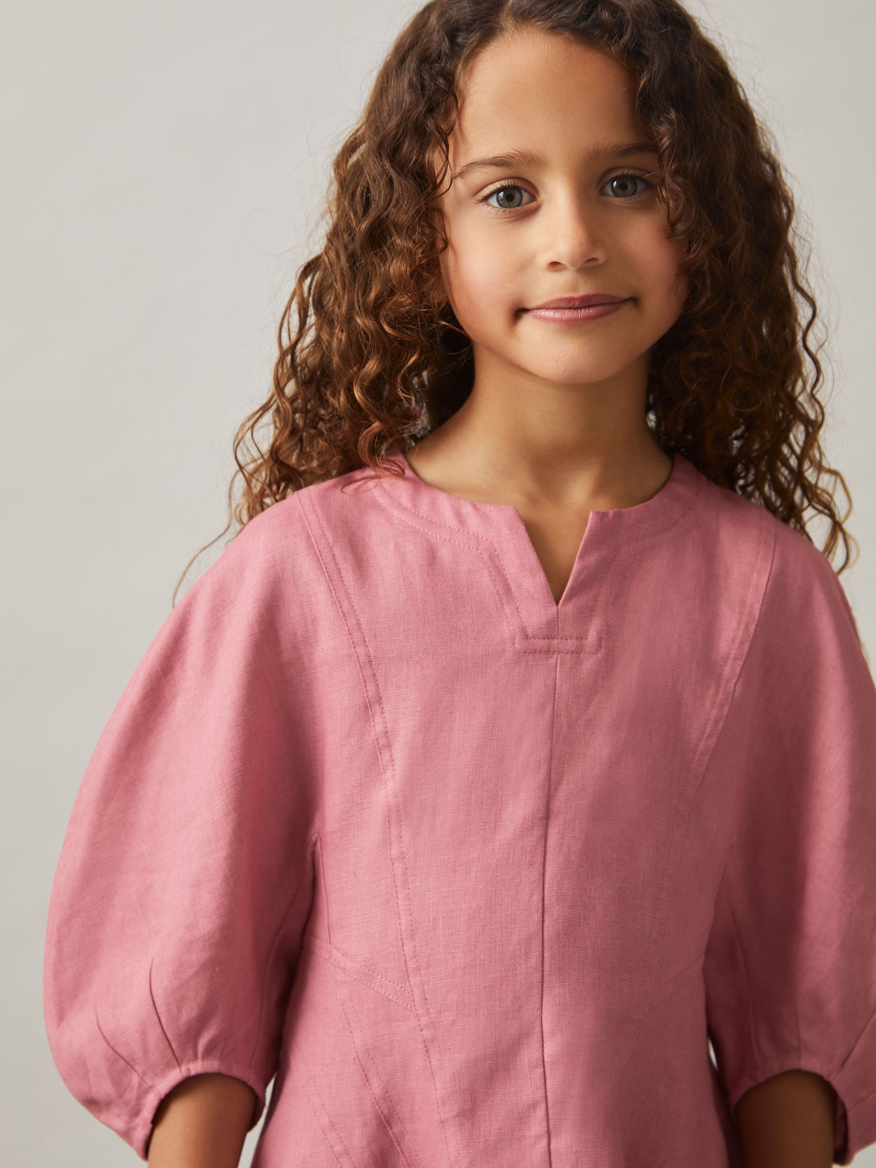 Linen Balloon-Sleeve Dress in Pink (F91356) | US$120