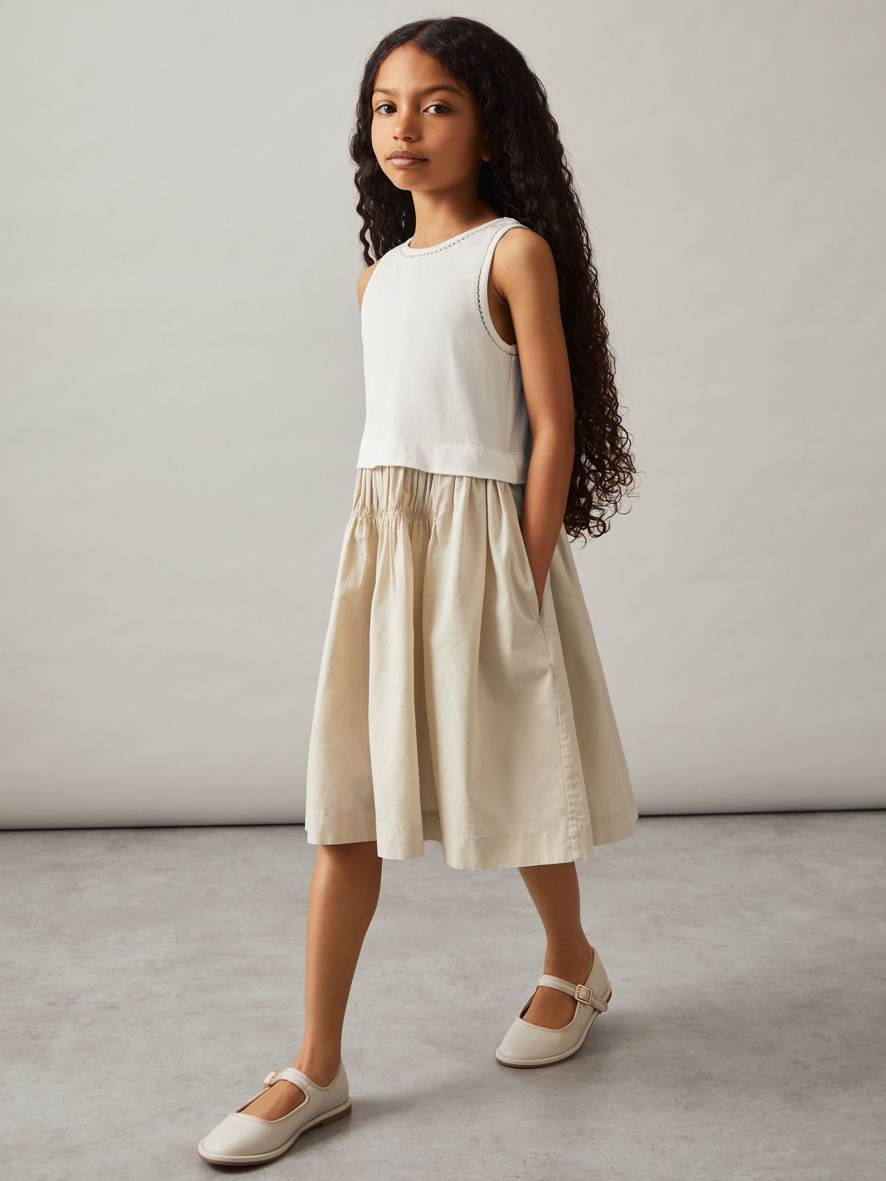 Cotton Layered Sleeveless Midi Dress in Neutral (F91362) | €70