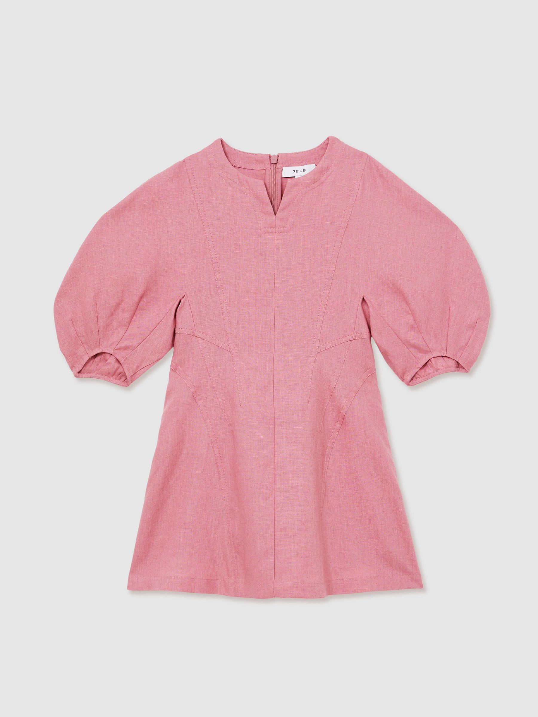 Linen Balloon-Sleeve Dress in Pink (F91364) | US$120