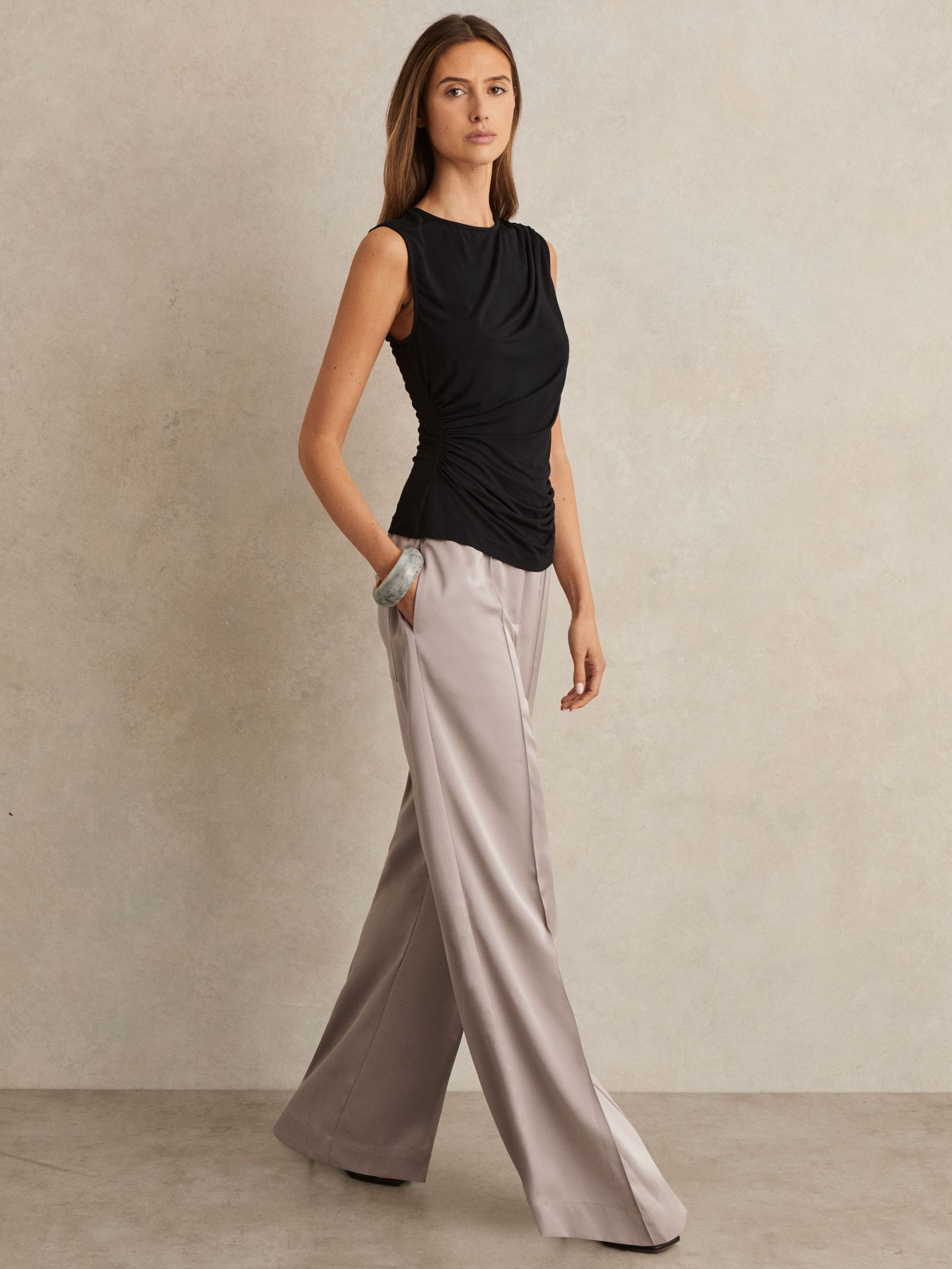 Satin Wide Leg Elastic Waist Trousers in Grey (F91372) | €220