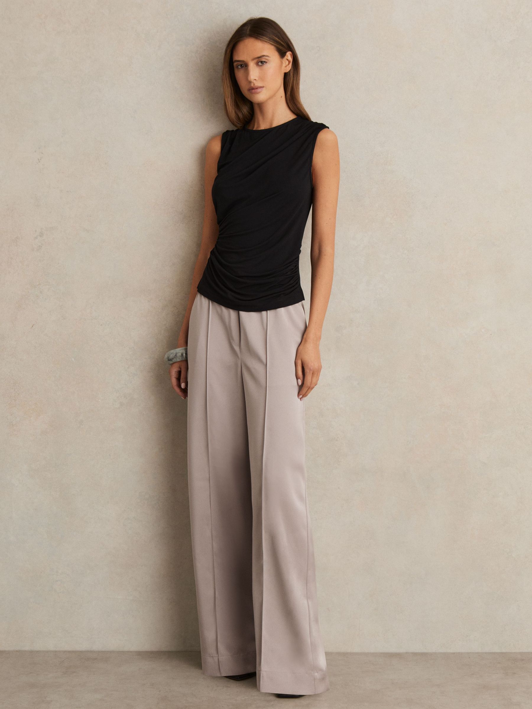 Satin Wide Leg Elastic Waist Trousers in Grey (F91377) | €220