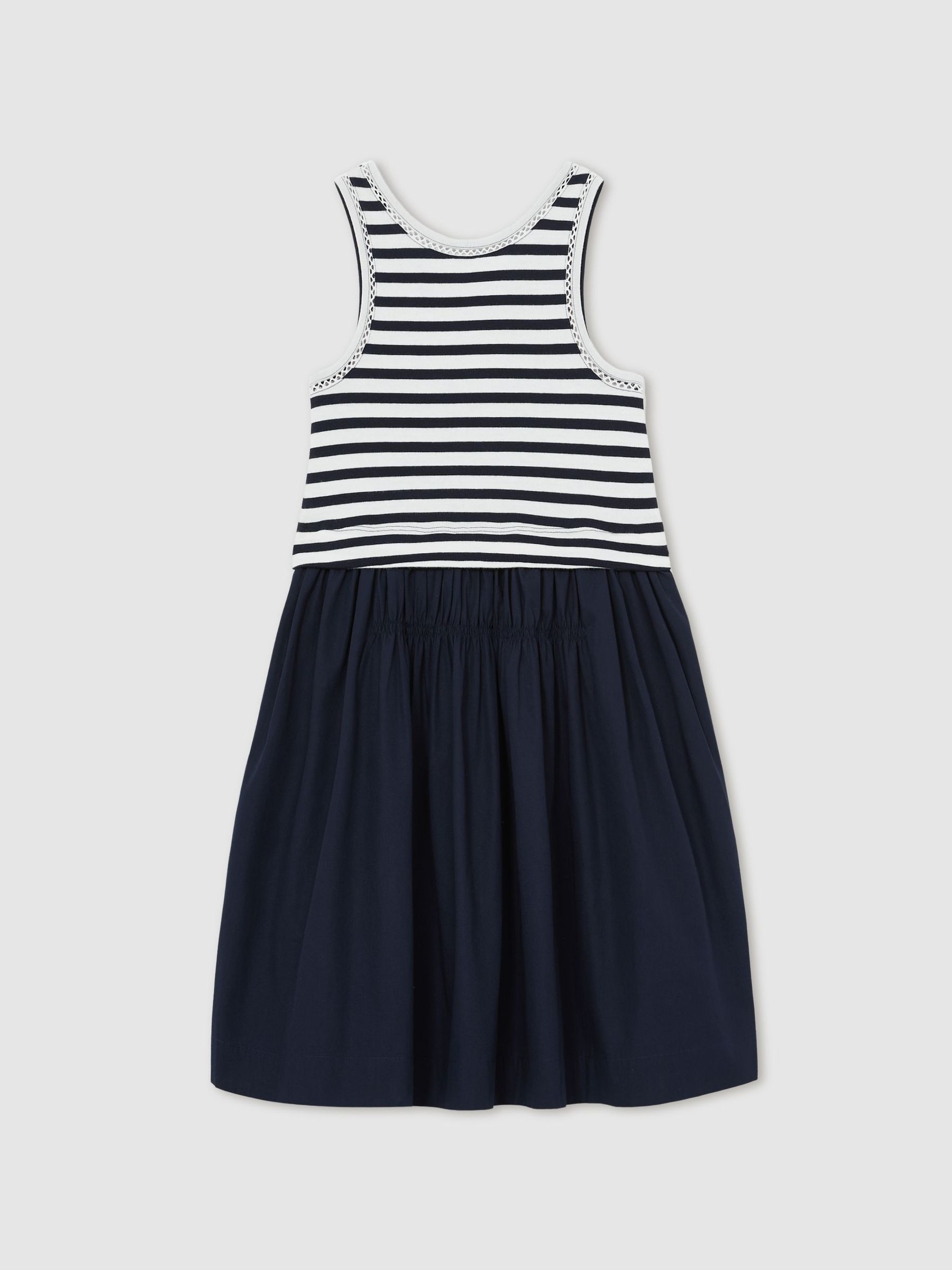 Cotton Stripe Layered Sleeveless Dress in Navy (F91379) | US$90