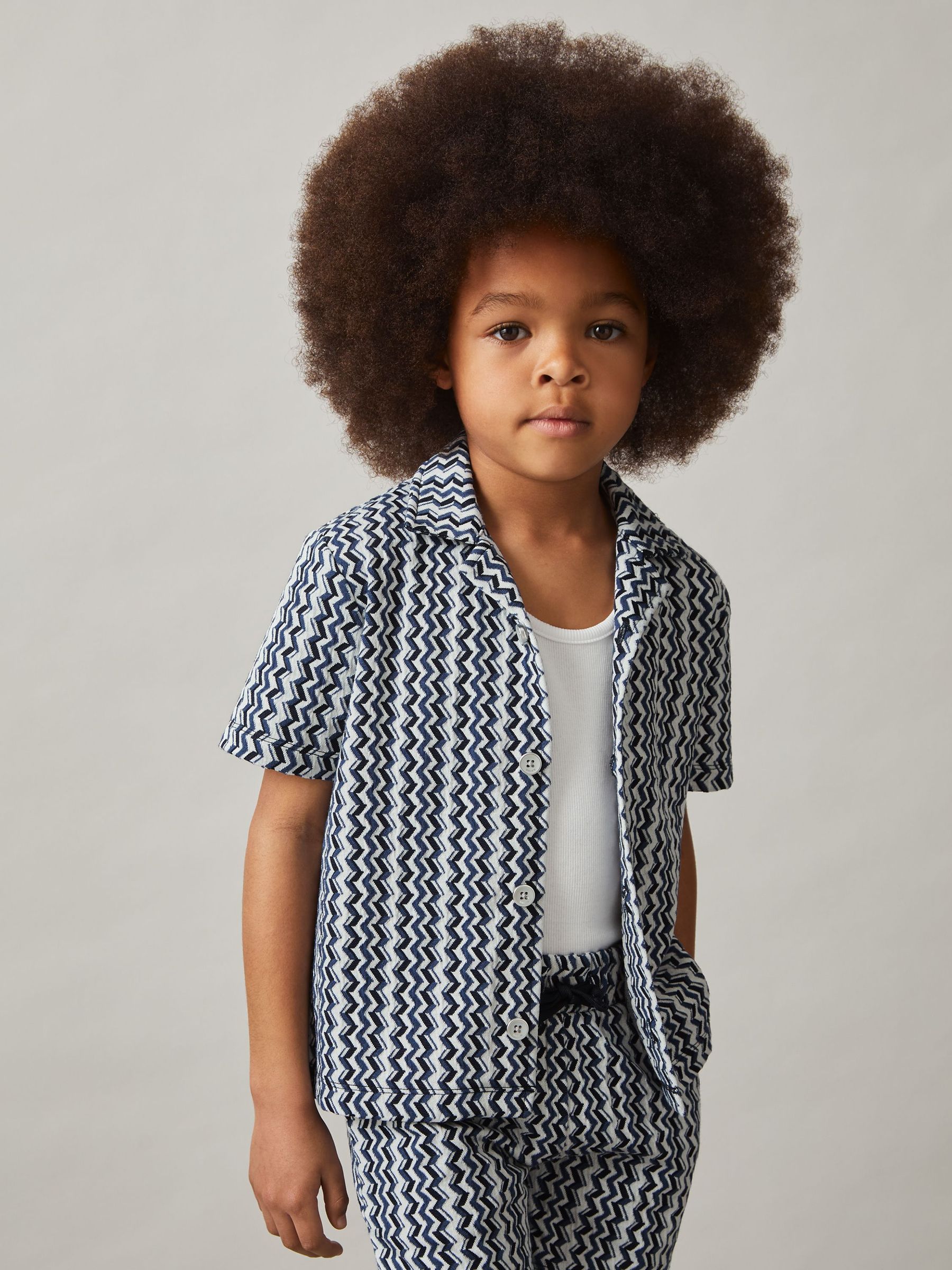 3-9 yrs Zig-Zag Knit Cuban-Collar Shirt in Blue (F93799) | US$45