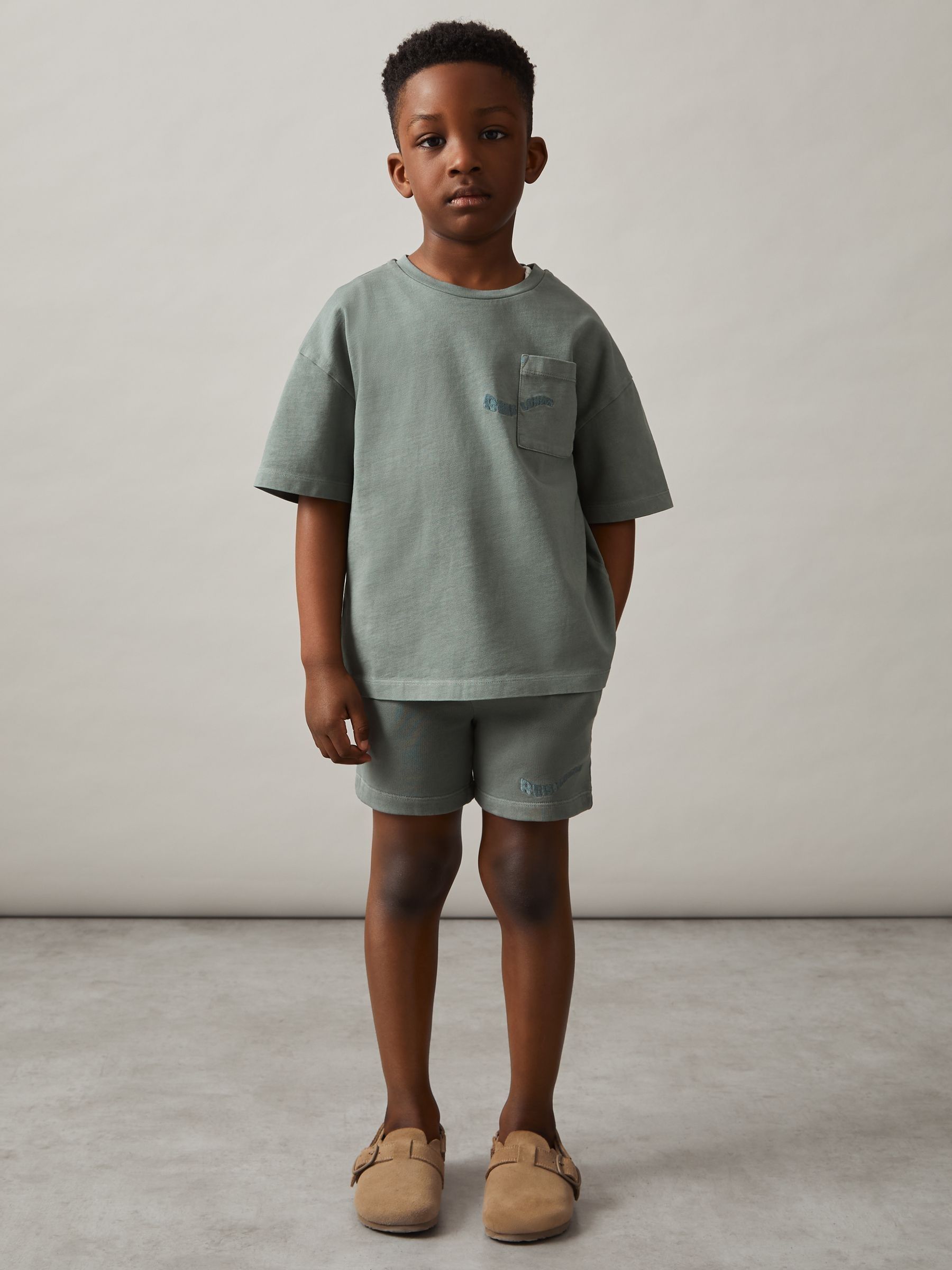 3-9 yrs Cotton Brand-Embroidered Shorts in Washed Sage (F93821) | €21
