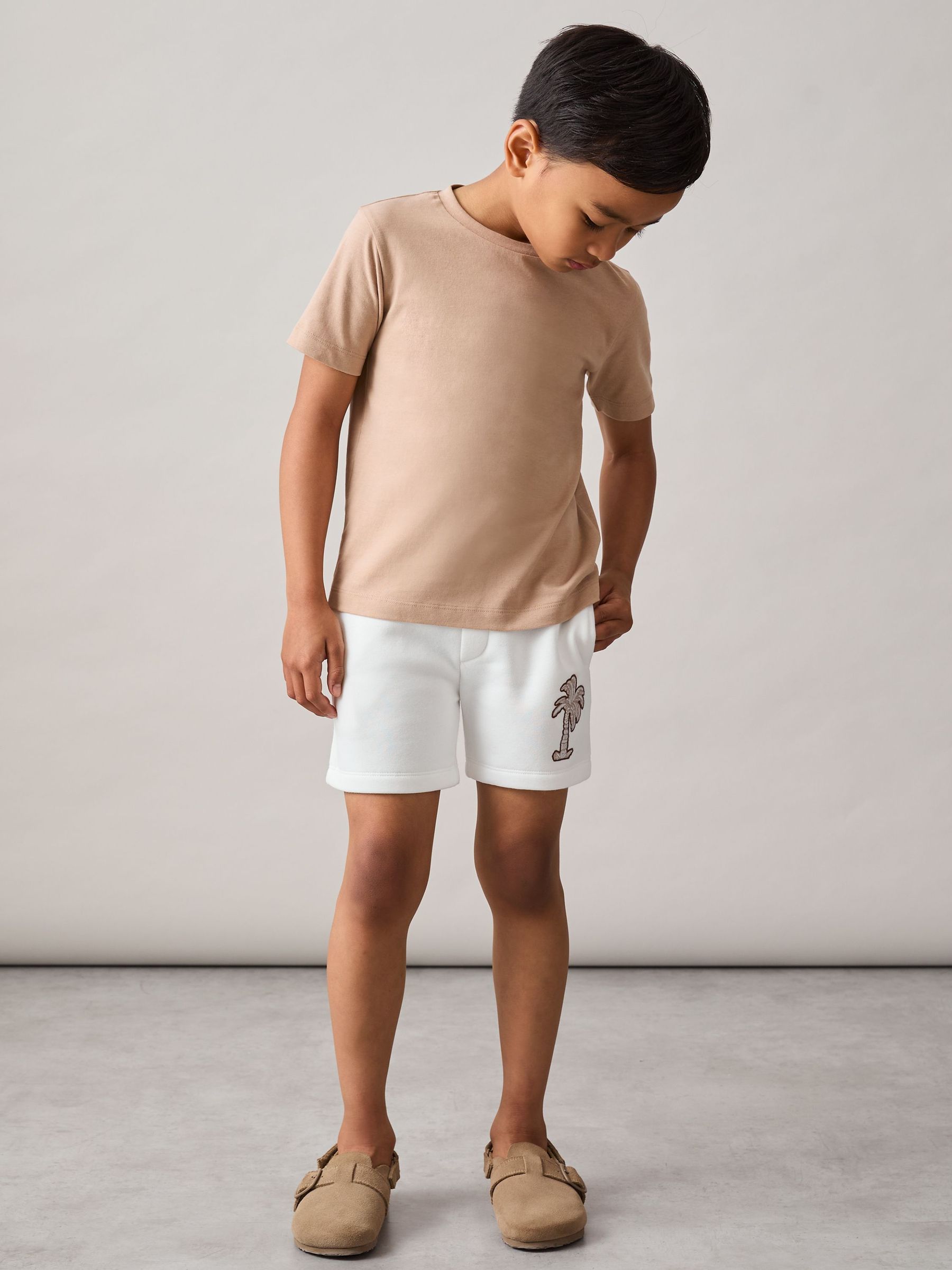 Cotton Blend Palm Embroidered Shorts in Off White (F93838) | US$55