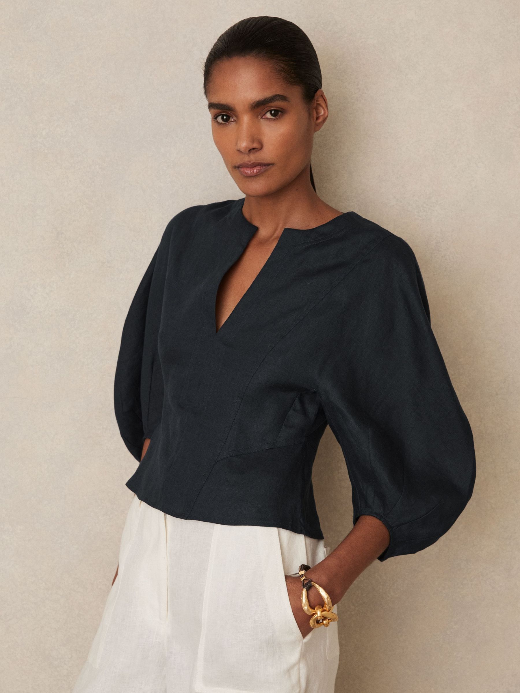 Linen Balloon-Sleeve Top in Navy (F95860) | US$215