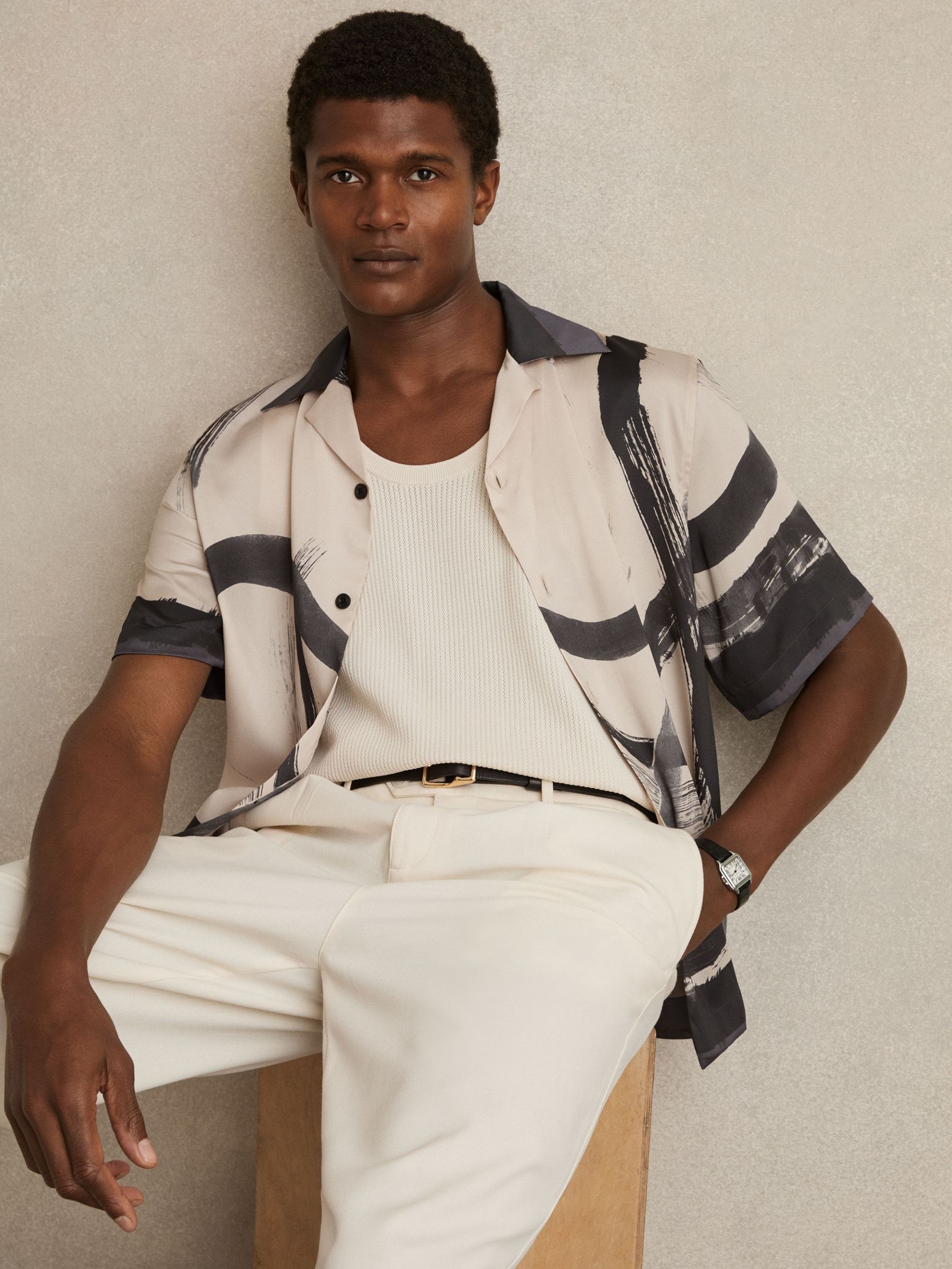 Brushstroke-Print Cuban-Collar Shirt in Charcoal Grey/Off White (F95864) | US$195