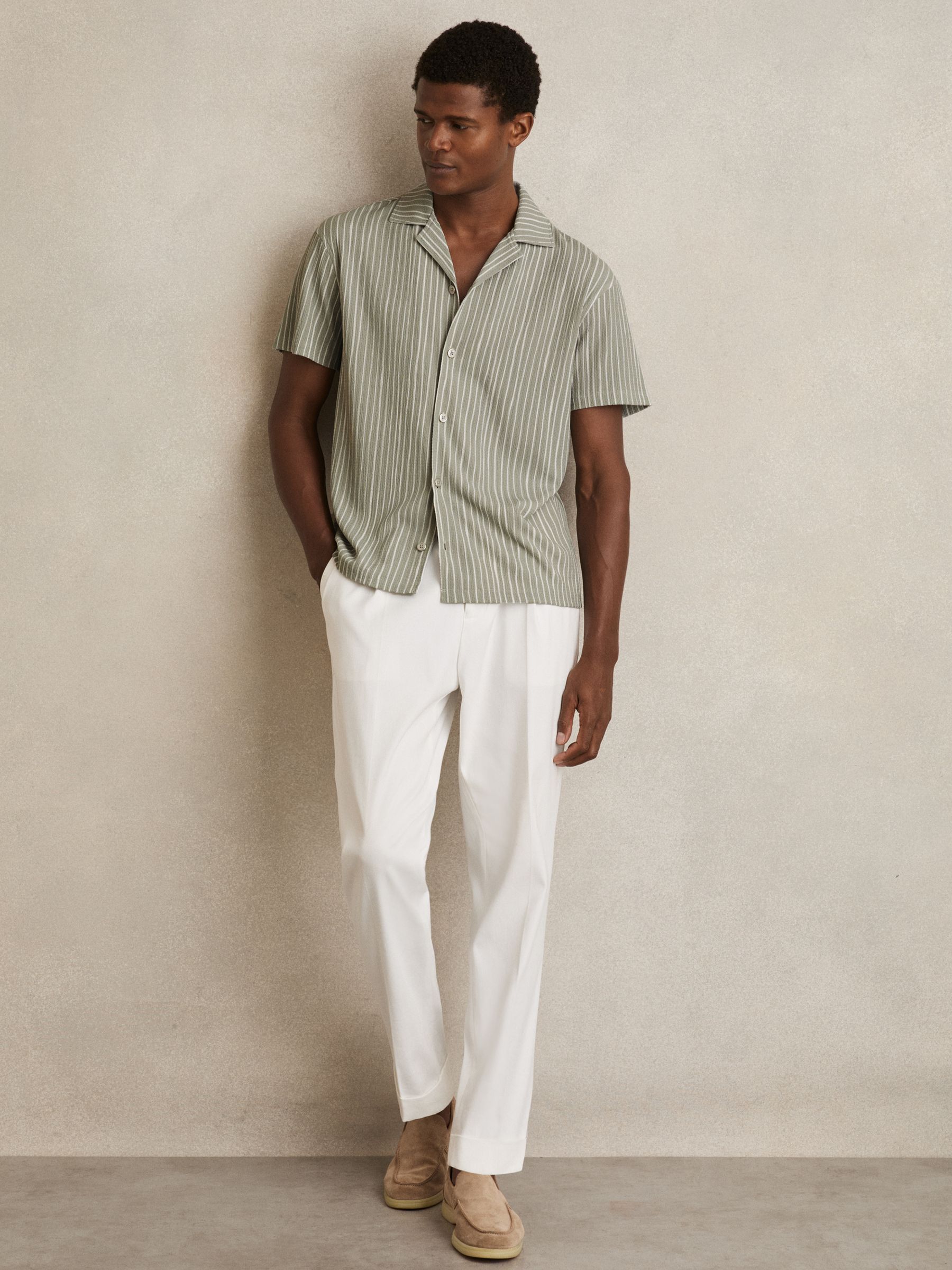 Textured Stripe Cuban Collar Shirt in Sage/White (F96452) | $155