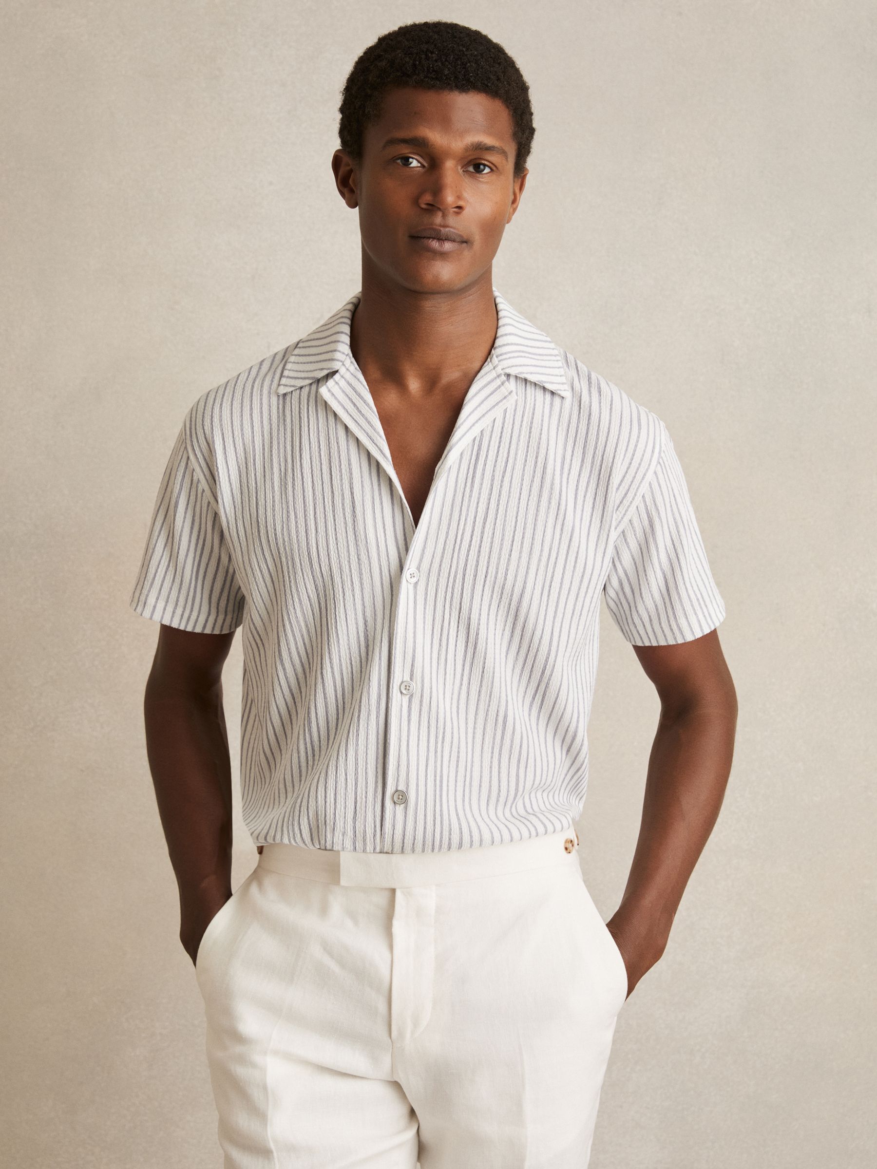 Textured Stripe Cuban Collar Shirt in White/Soft Blue (F96454) | $155