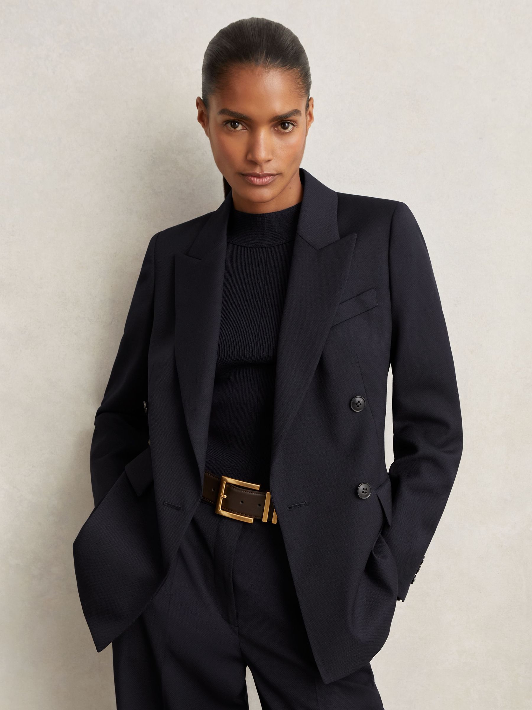 Wool Blend Double Breasted Suit Blazer in Navy (F96457) | €360