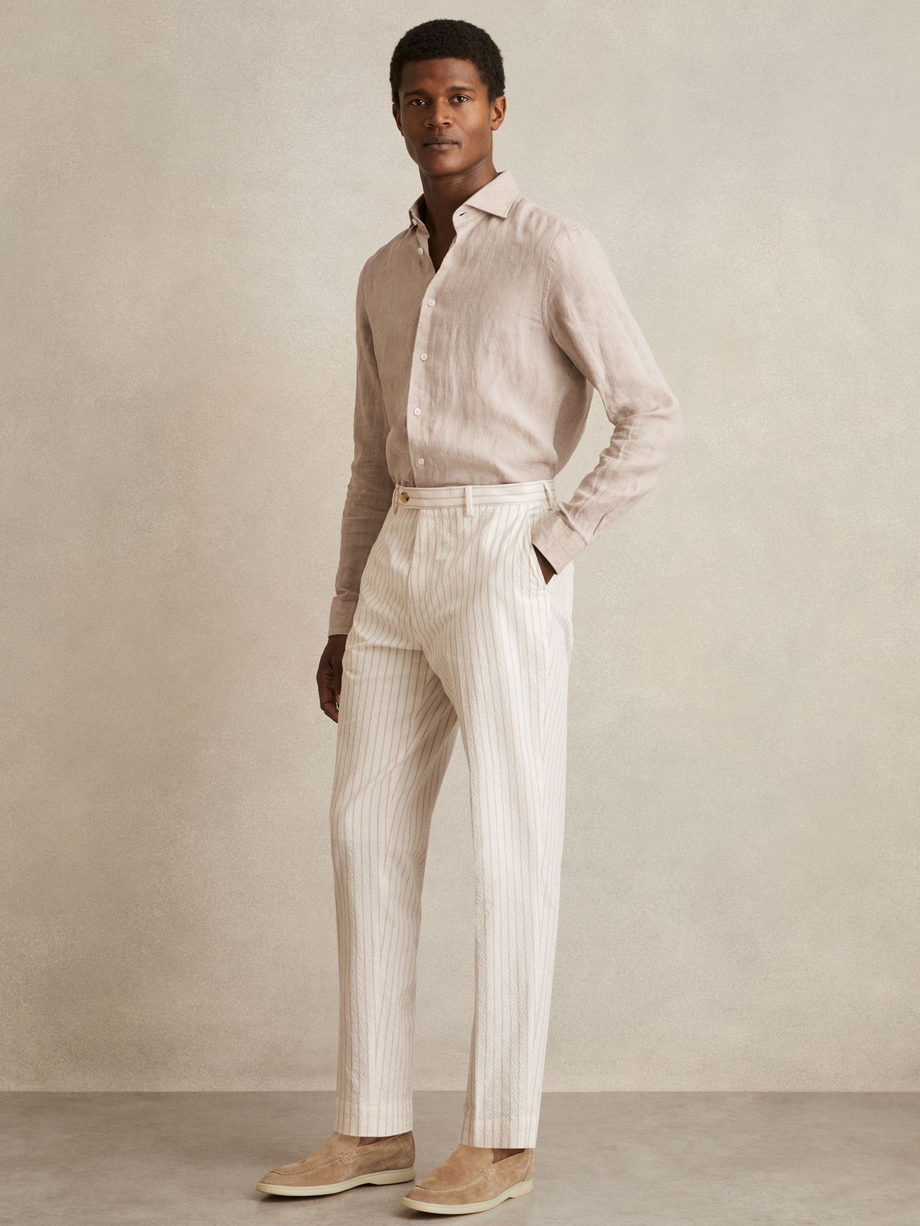 Regular-Fit Cotton-Blend Pinstripe Trousers in Off White/Taupe Brown (F96461) | US$225