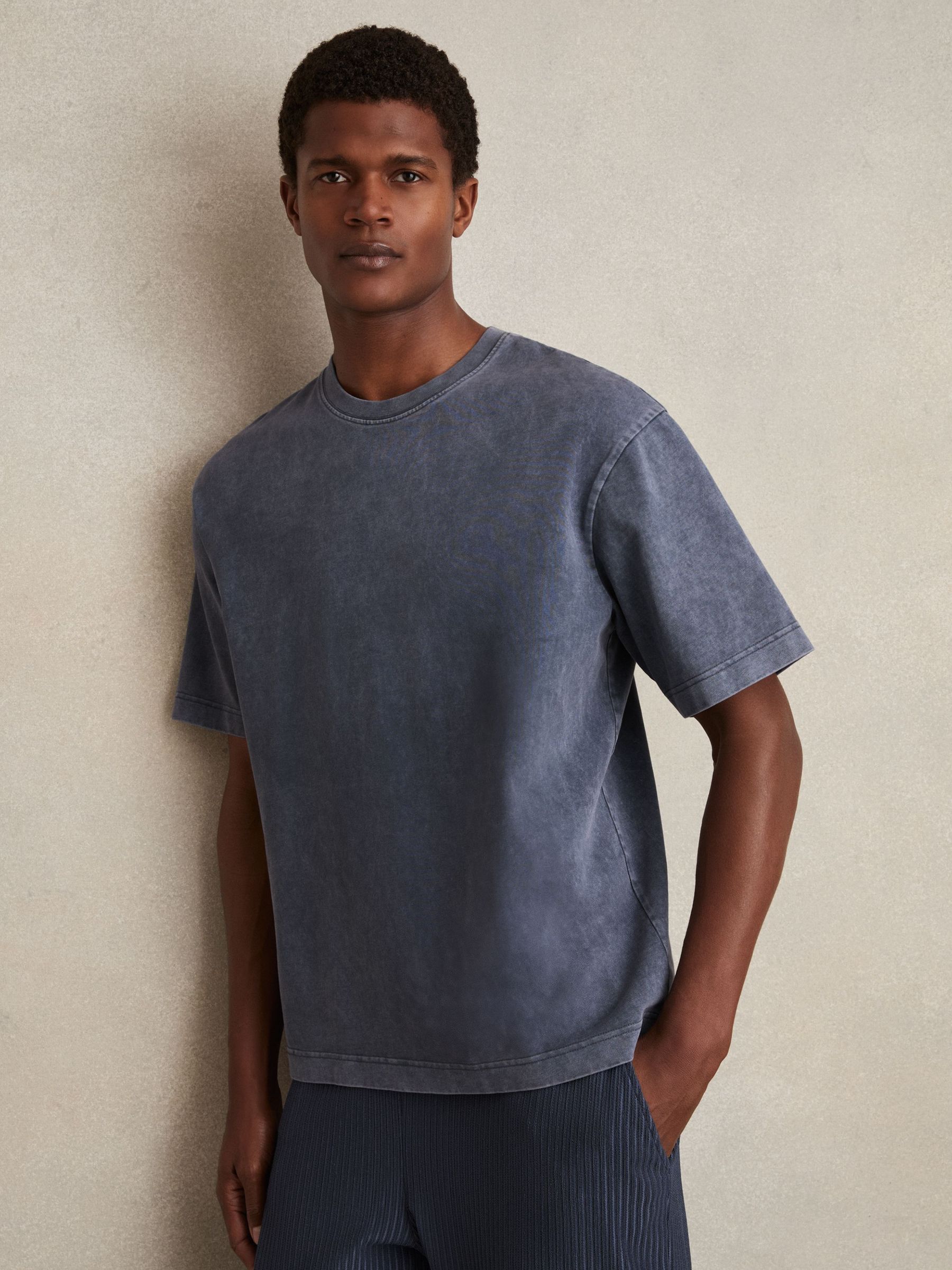 Cotton Garment-Dyed Oversize T-Shirt in Indigo Blue (F96462) | US$95