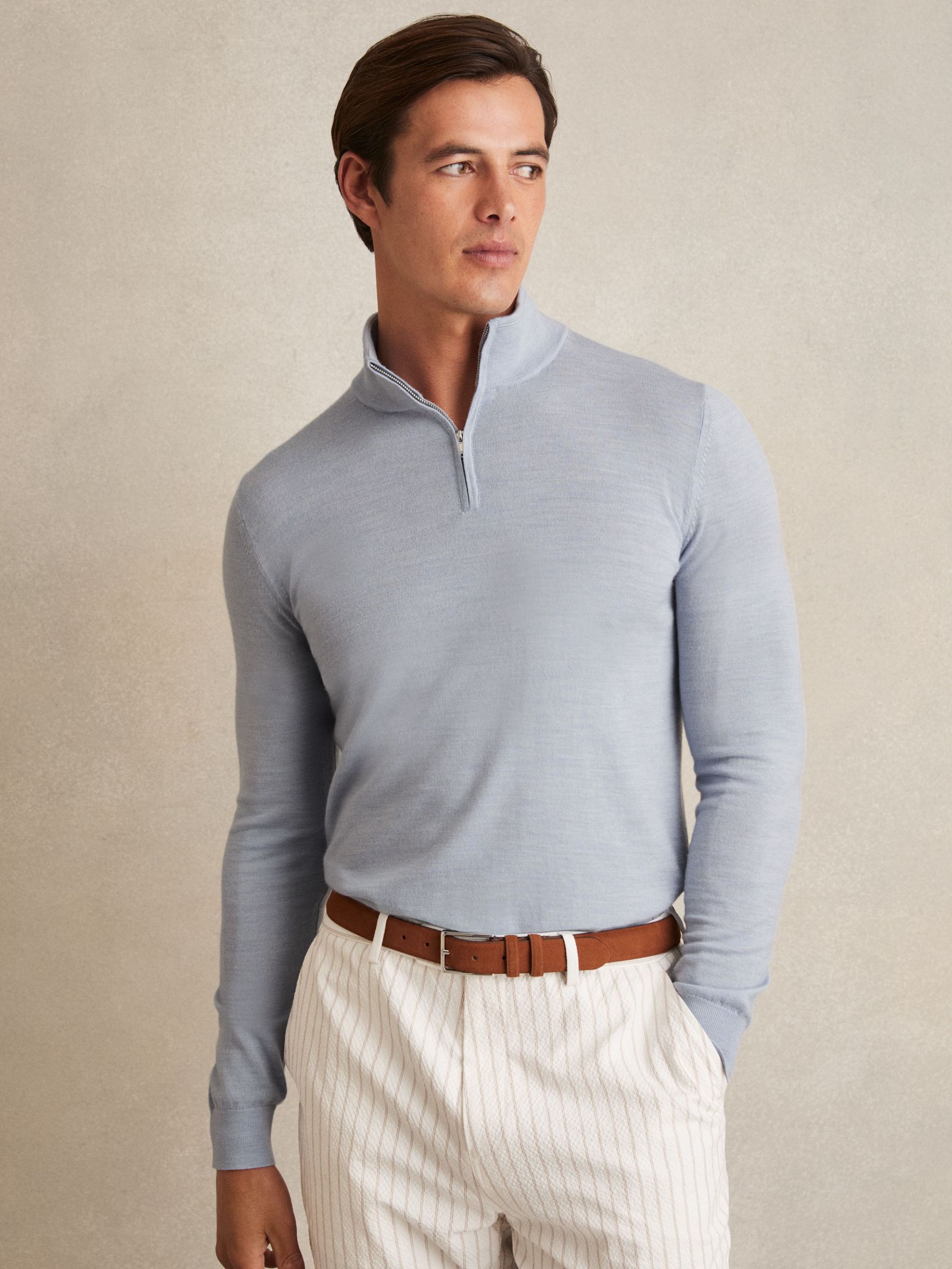 Merino Wool Half-Zip Jumper in Soft Blue (F96470) | US$160